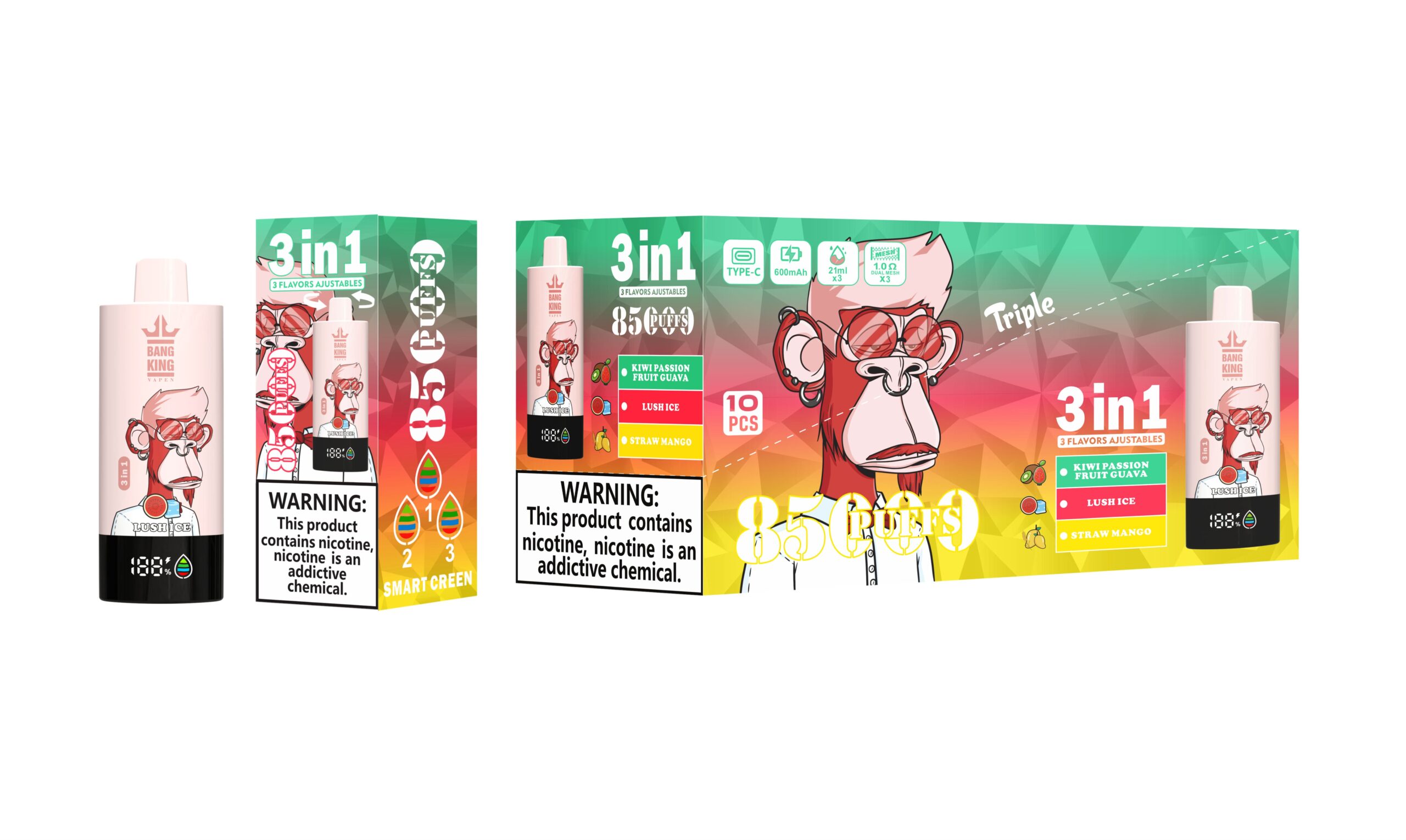 Bang King Triple 85000 Puffs Vape | 3-in-1 Flavor, 45ML E-liquid, Type-C Rechargeable, 0–5% Nicotine gallery image 4