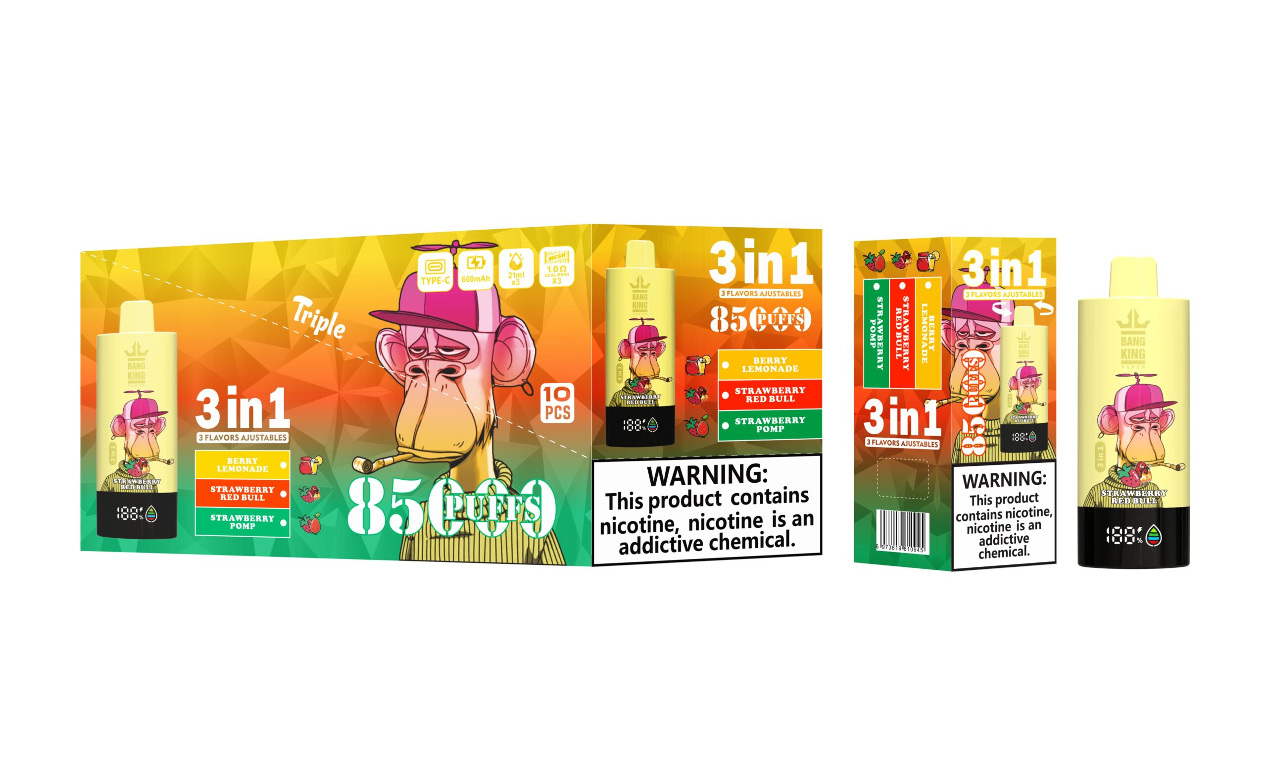 Bang King Triple 85000 Puffs Vape | 3-in-1 Flavor, 45ML E-liquid, Type-C Rechargeable, 0–5% Nicotine gallery image 5