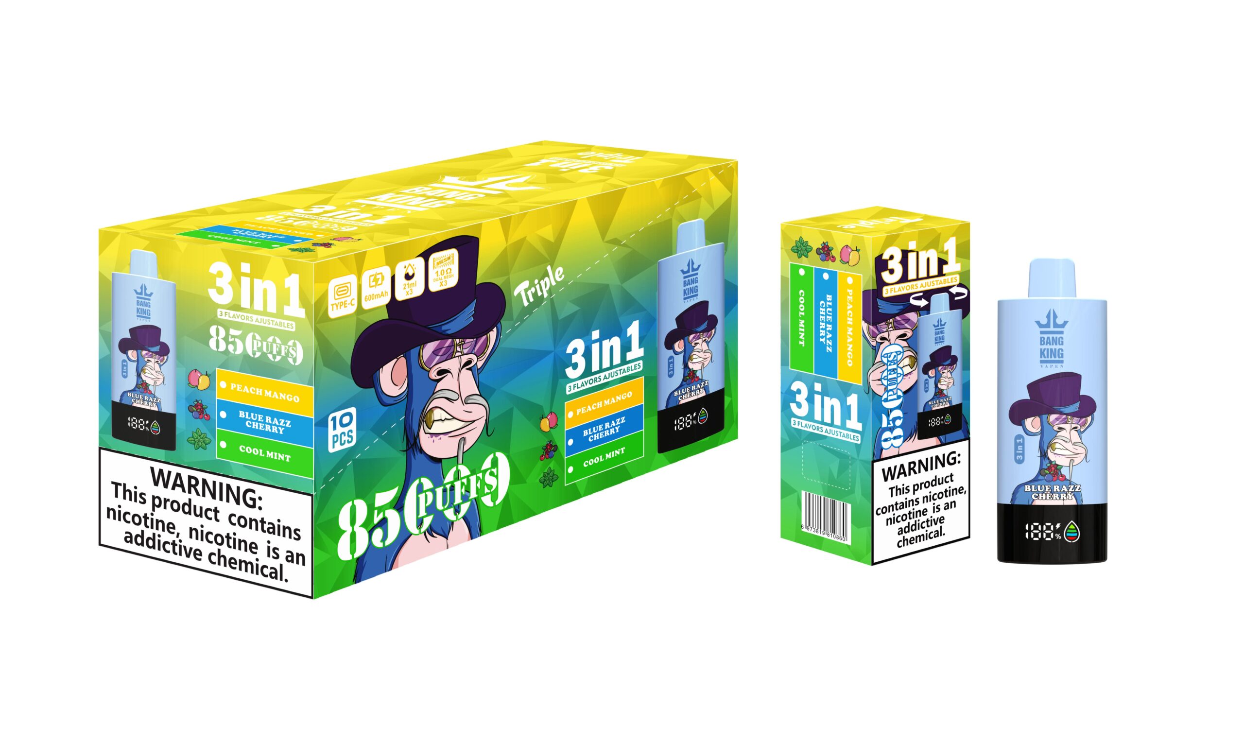 Bang King Triple 85000 Puffs Vape | 3-in-1 Flavor, 45ML E-liquid, Type-C Rechargeable, 0–5% Nicotine gallery image 6