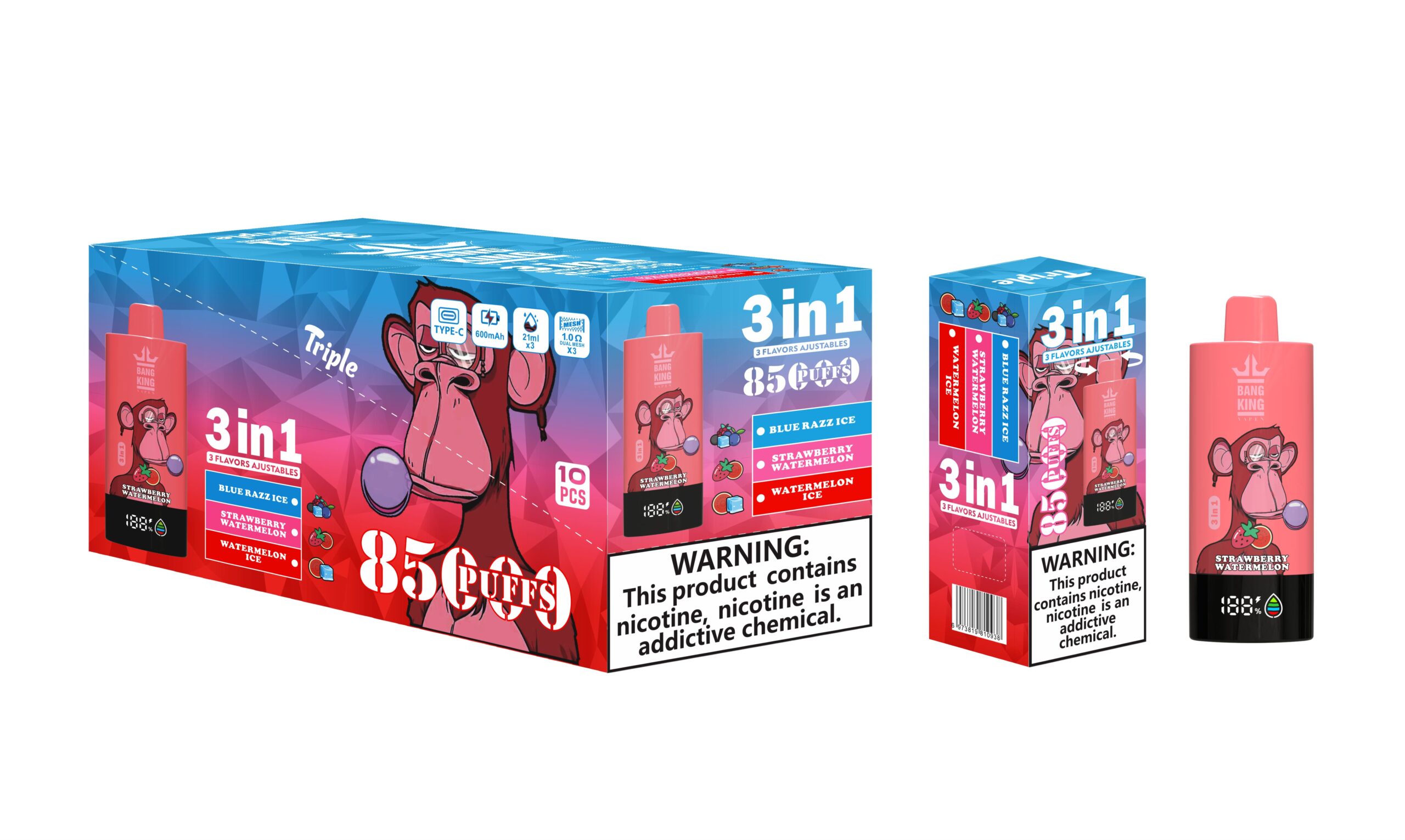 Bang King Triple 85000 Puffs Vape | 3-in-1 Flavor, 45ML E-liquid, Type-C Rechargeable, 0–5% Nicotine gallery image 7