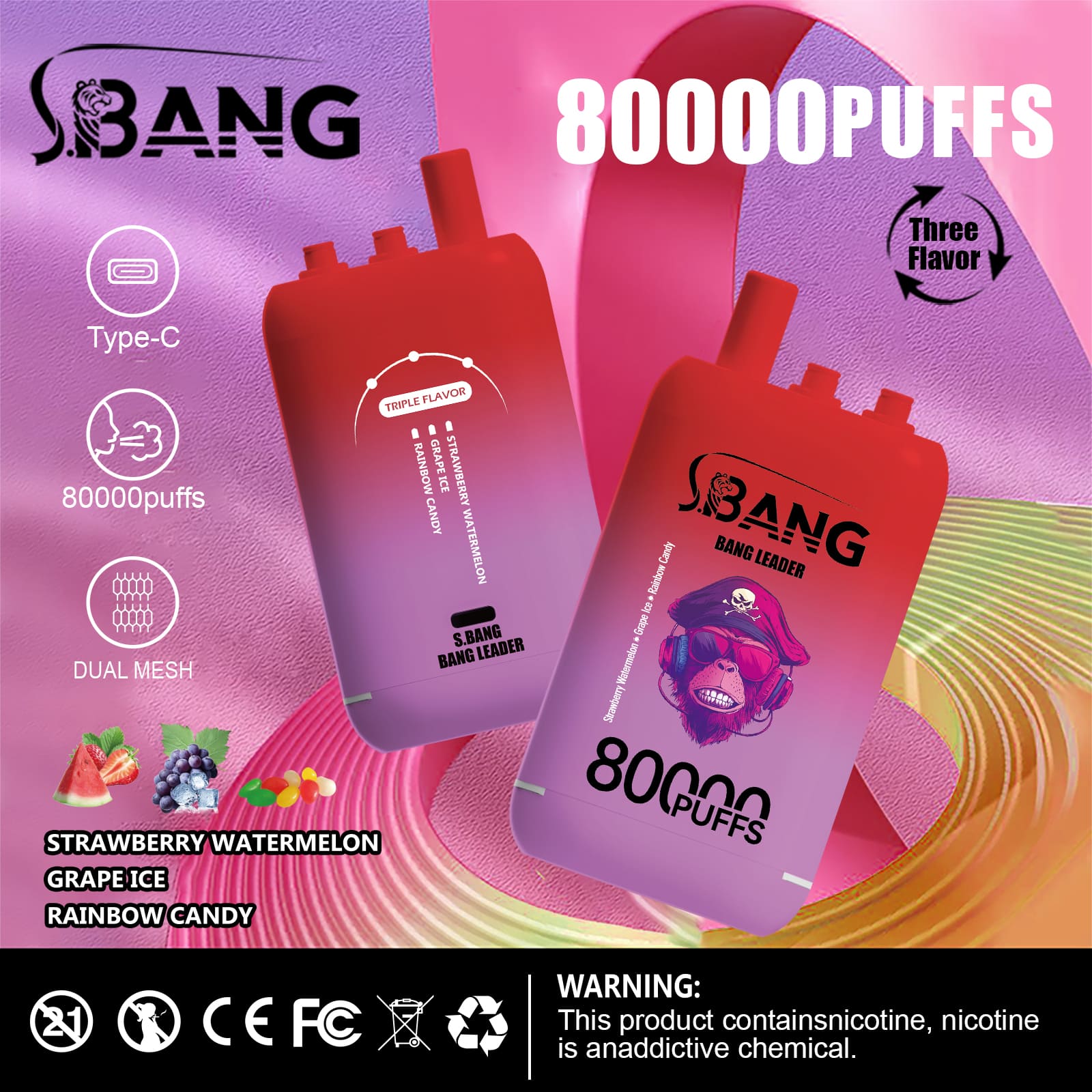 Bang leader 80000 Puffs Vape | 78ML E-liquid, 850mAh Battery, Triple Flavor Blend, Dual Coil, Type-C Recharge gallery image 3