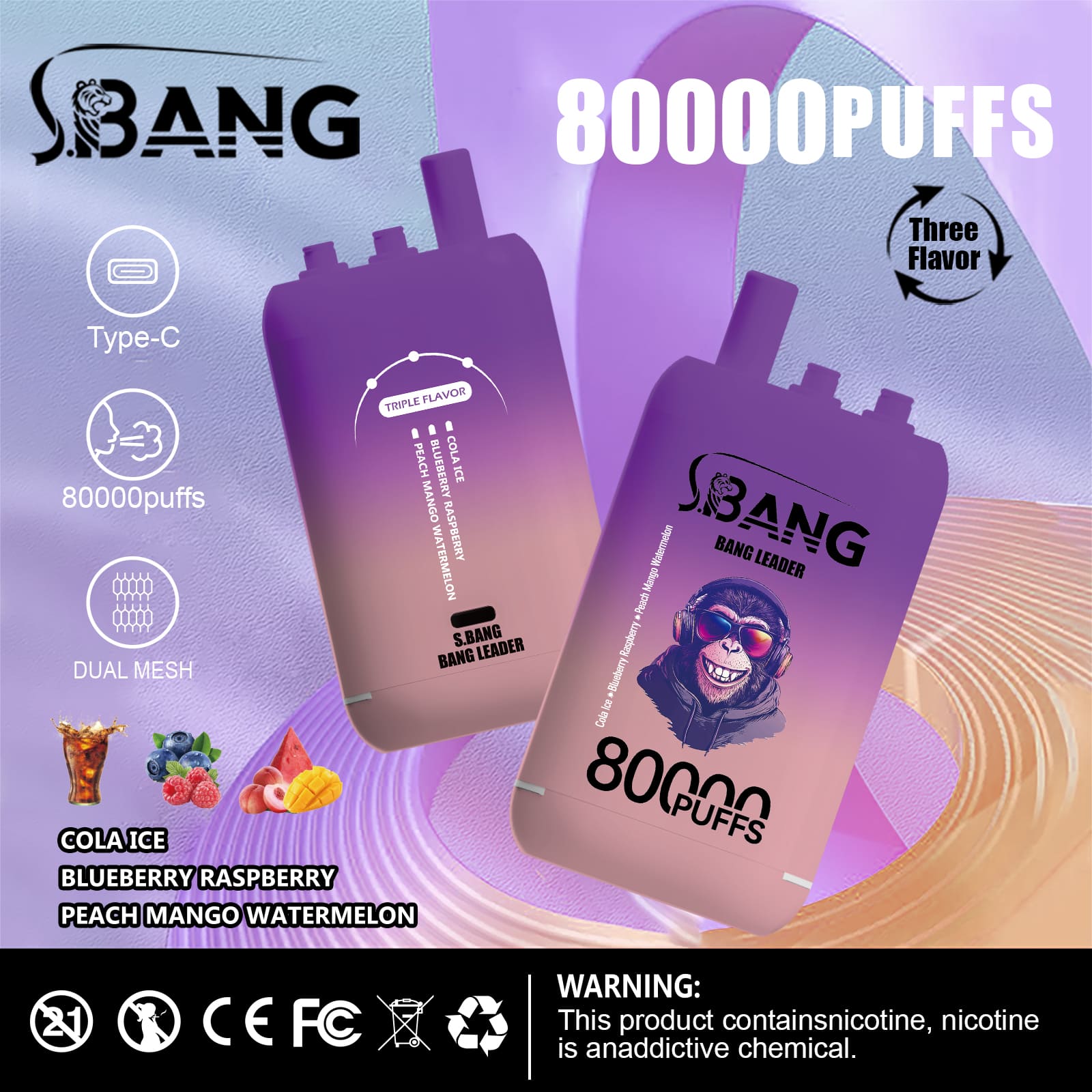 Bang leader 80000 Puffs Vape | 78ML E-liquid, 850mAh Battery, Triple Flavor Blend, Dual Coil, Type-C Recharge gallery image 4