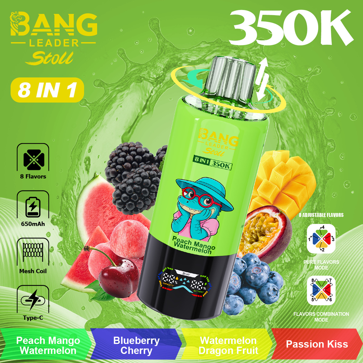 Bang Leader Stoll 350000 Puffs Vape – 8 Flavor Combinations | 350K Ultra Capacity | Mesh Coil | Type-C | 0% 2% 3% 5% Nicotine gallery image 2