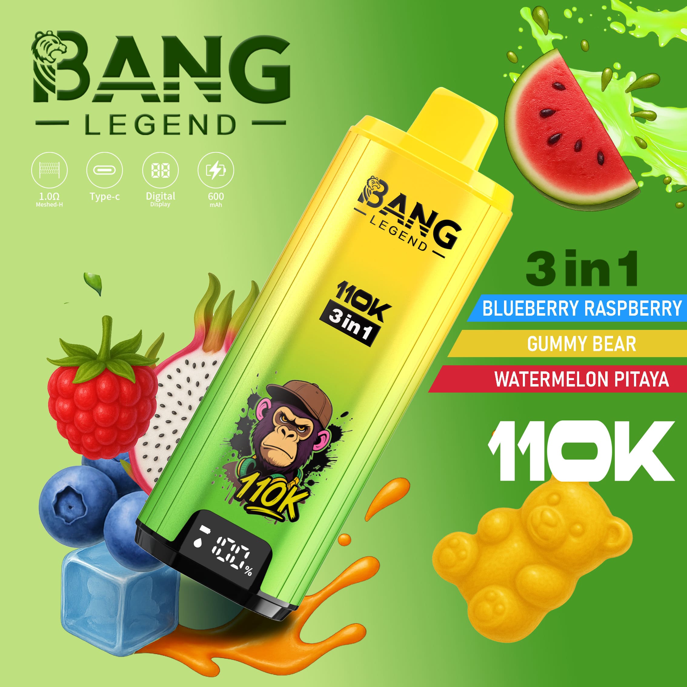 Bang Legend 110000 Puffs 3in1 Vape – Ultra Long-Lasting, Mesh Coil, Type-C Charging, 12 Flavor Combos (Pre-sale Edition) gallery image 2