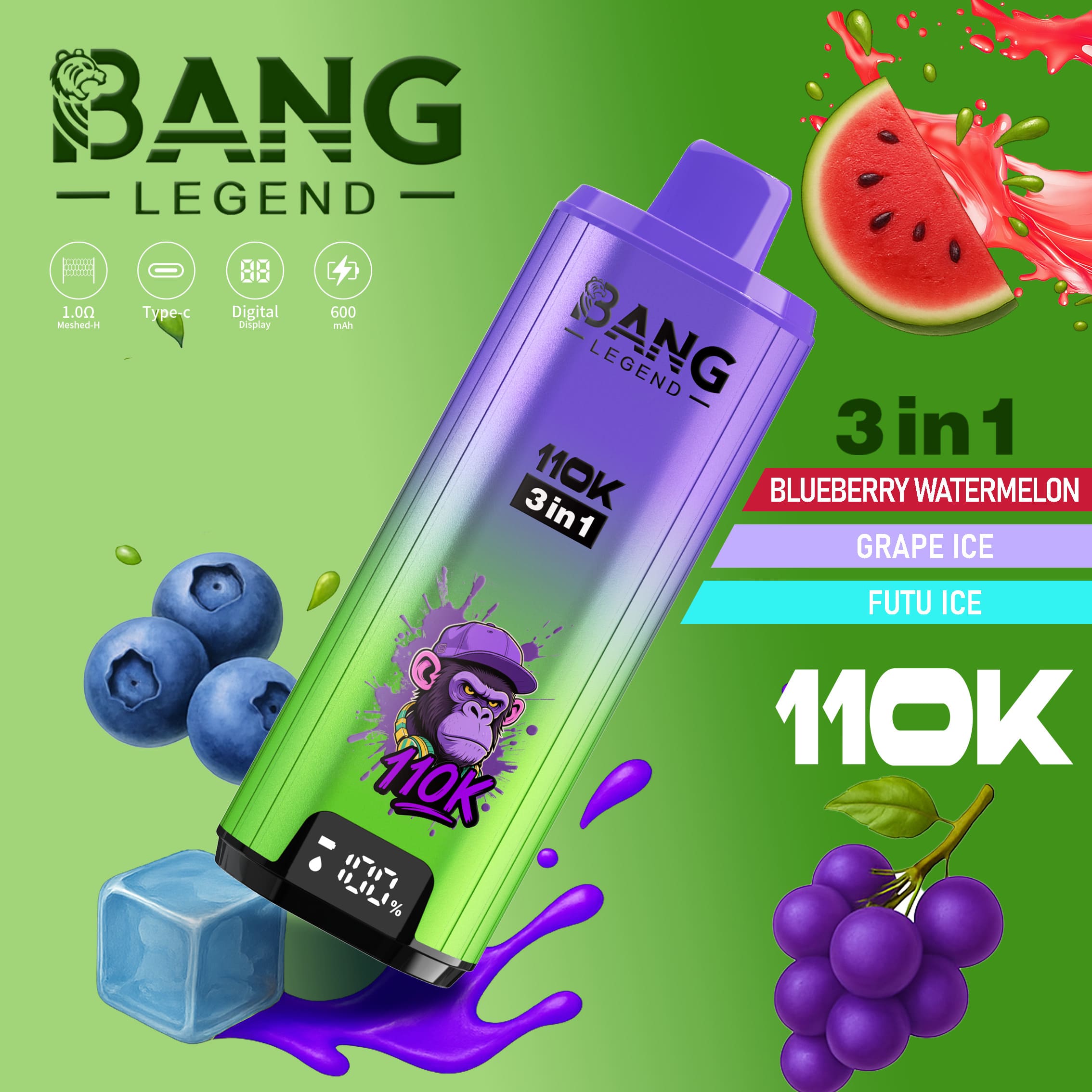 Bang Legend 110000 Puffs 3in1 Vape – Ultra Long-Lasting, Mesh Coil, Type-C Charging, 12 Flavor Combos (Pre-sale Edition) gallery image 3