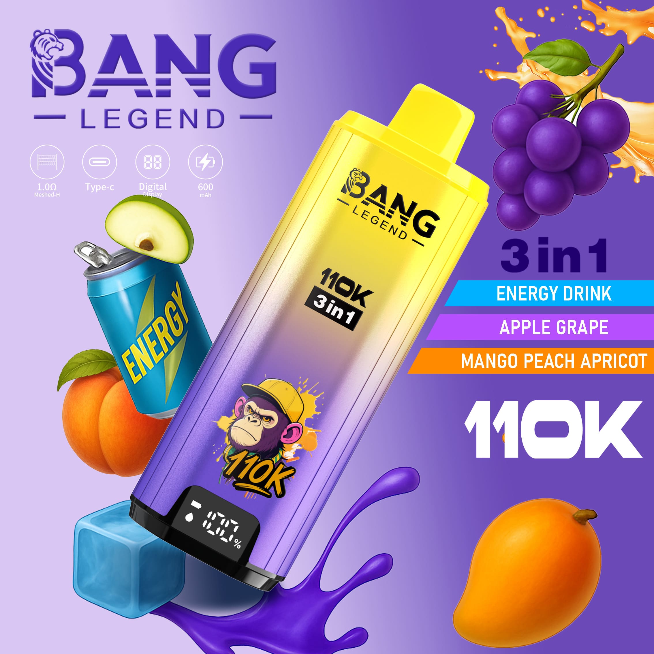 Bang Legend 110000 Puffs 3in1 Vape – Ultra Long-Lasting, Mesh Coil, Type-C Charging, 12 Flavor Combos (Pre-sale Edition) gallery image 4