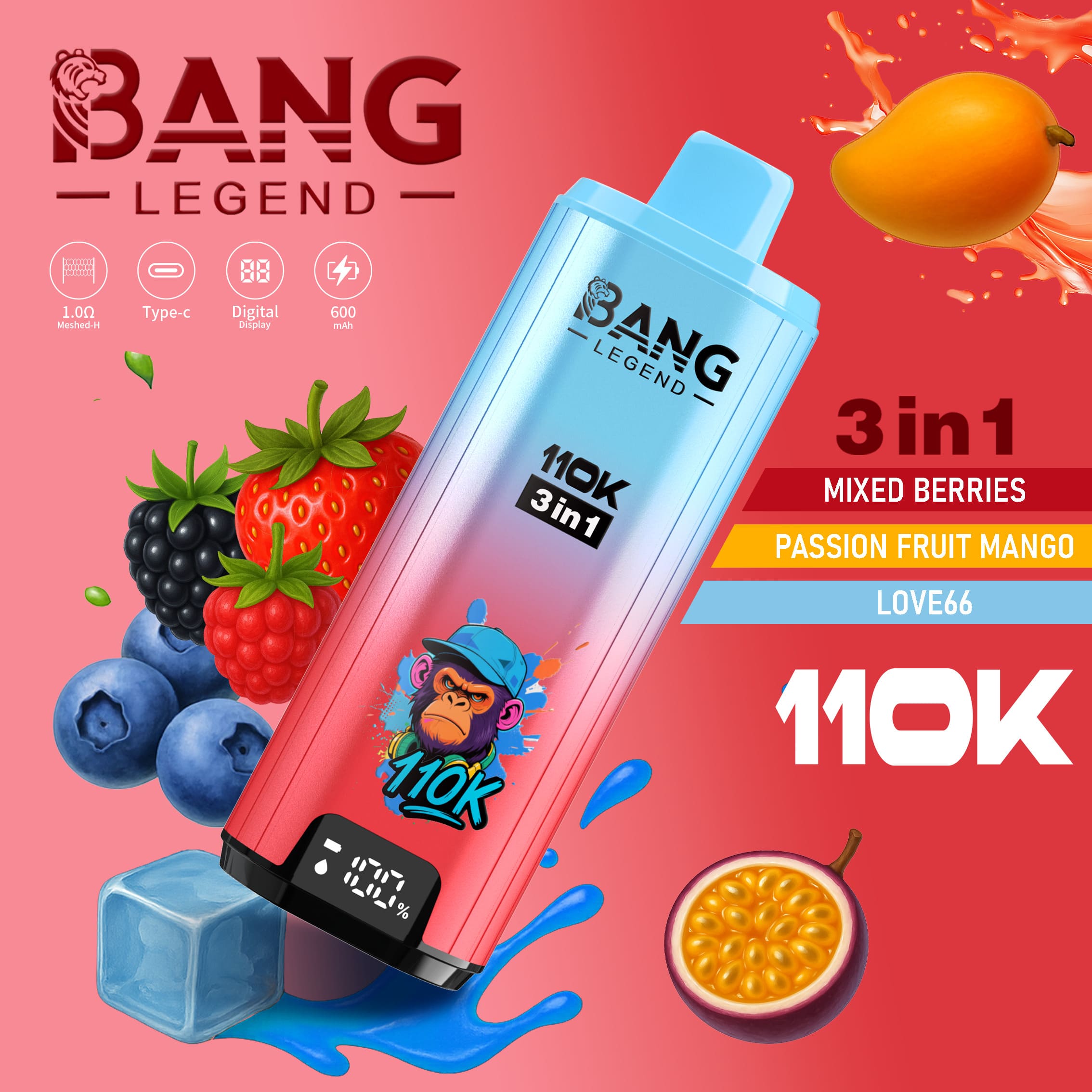 Bang Legend 110000 Puffs 3in1 Vape – Ultra Long-Lasting, Mesh Coil, Type-C Charging, 12 Flavor Combos (Pre-sale Edition) gallery image 5