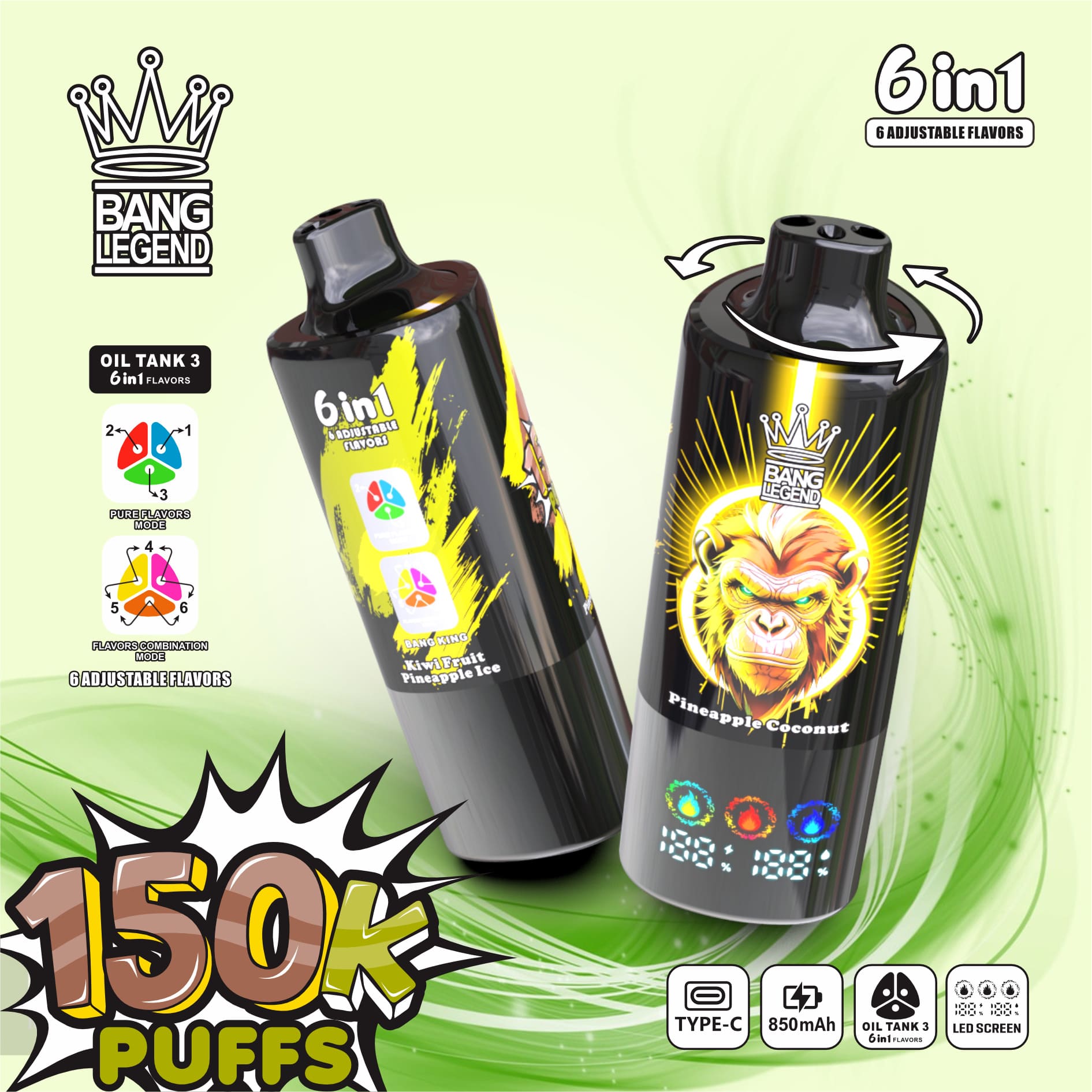 Bang Legend 150000 Puffs 6in1 Vape – Ultra-Long Battery Life, 6-in-1 Flavor System, Mesh Coil & Type-C Fast Charging gallery image 1