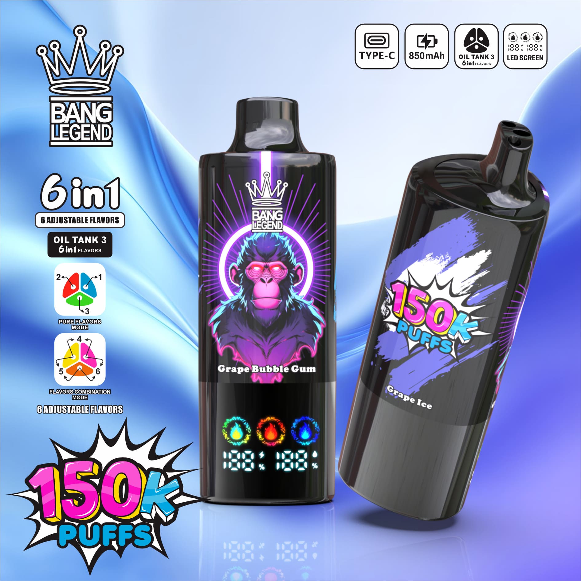 Bang Legend 150000 Puffs 6in1 Vape – Ultra-Long Battery Life, 6-in-1 Flavor System, Mesh Coil & Type-C Fast Charging gallery image 2