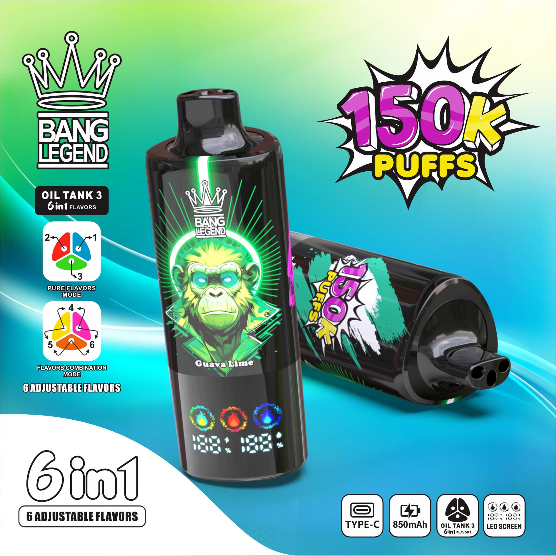 Bang Legend 150000 Puffs 6in1 Vape – Ultra-Long Battery Life, 6-in-1 Flavor System, Mesh Coil & Type-C Fast Charging gallery image 3