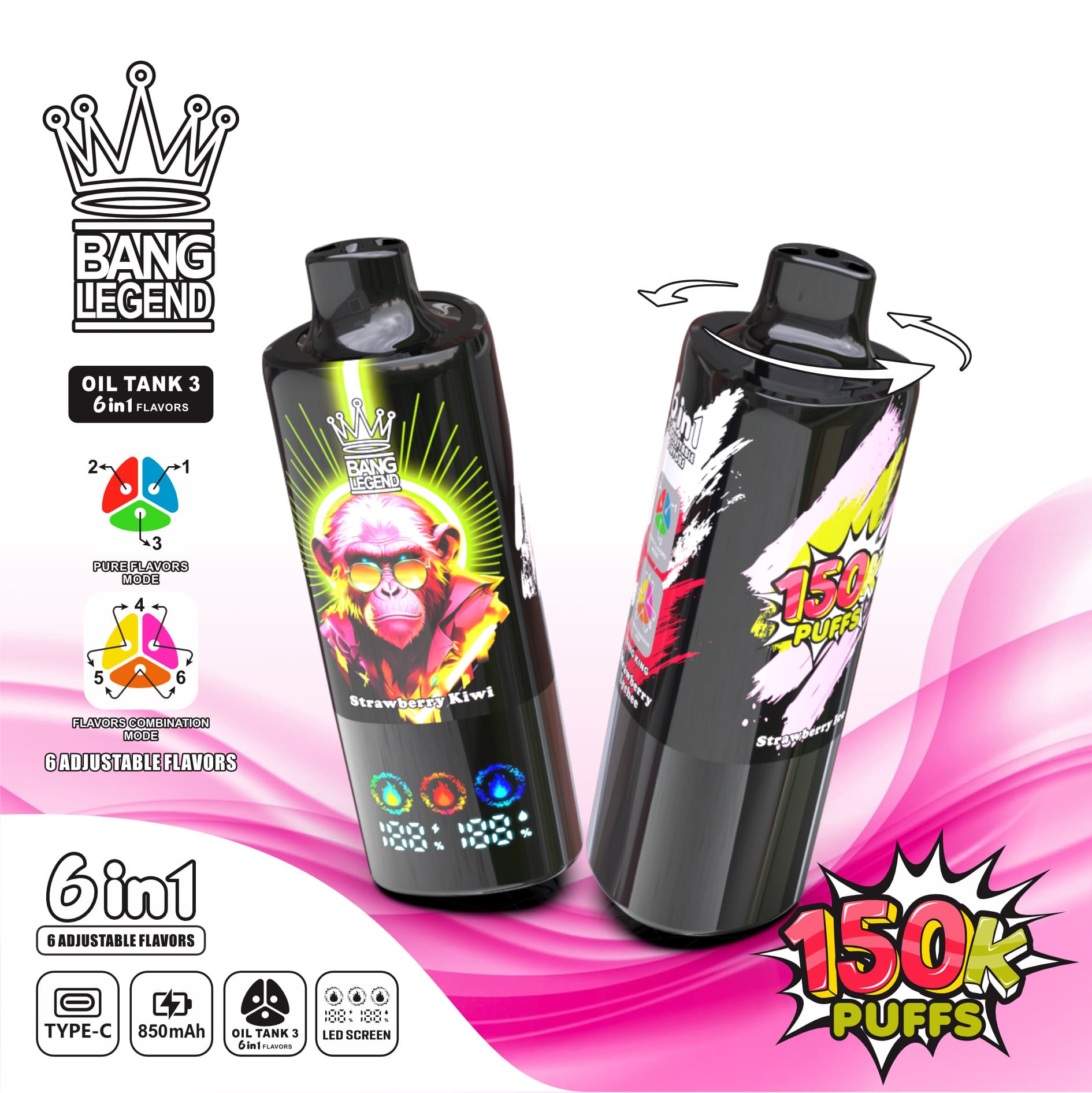 Bang Legend 150000 Puffs 6in1 Vape – Ultra-Long Battery Life, 6-in-1 Flavor System, Mesh Coil & Type-C Fast Charging gallery image 4