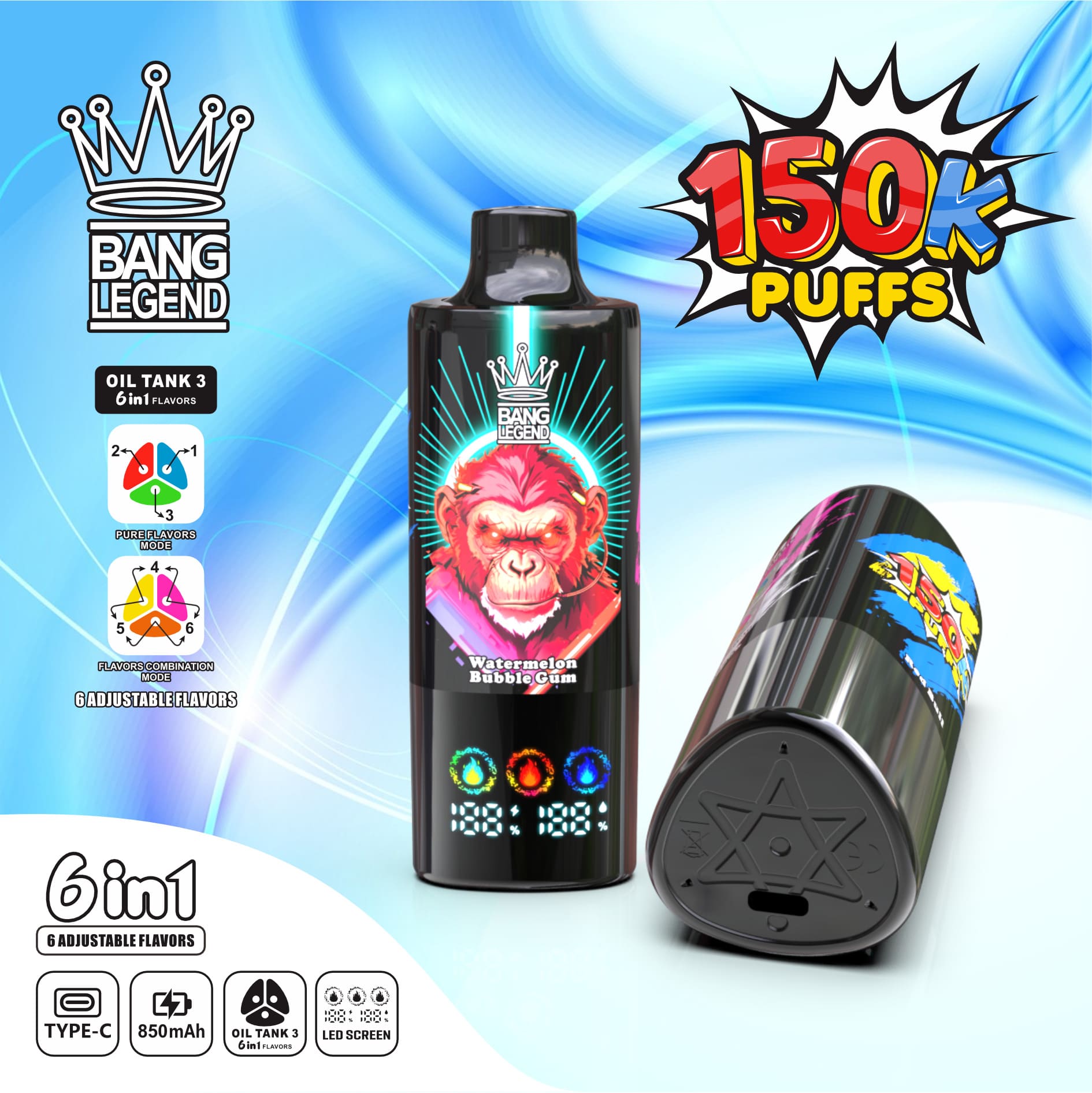 Bang Legend 150000 Puffs 6in1 Vape – Ultra-Long Battery Life, 6-in-1 Flavor System, Mesh Coil & Type-C Fast Charging gallery image 5