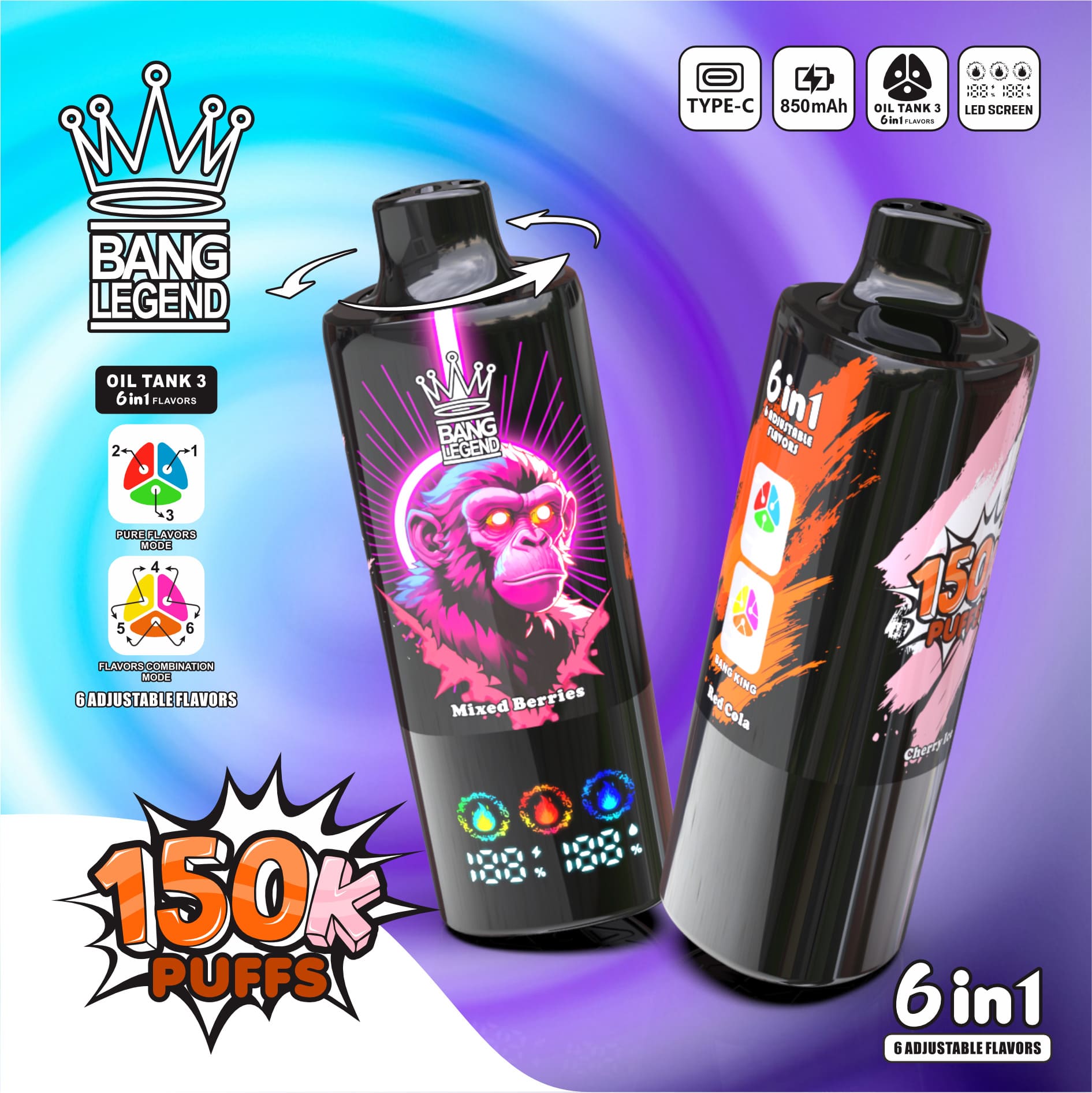 Bang Legend 150000 Puffs 6in1 Vape – Ultra-Long Battery Life, 6-in-1 Flavor System, Mesh Coil & Type-C Fast Charging gallery image 6