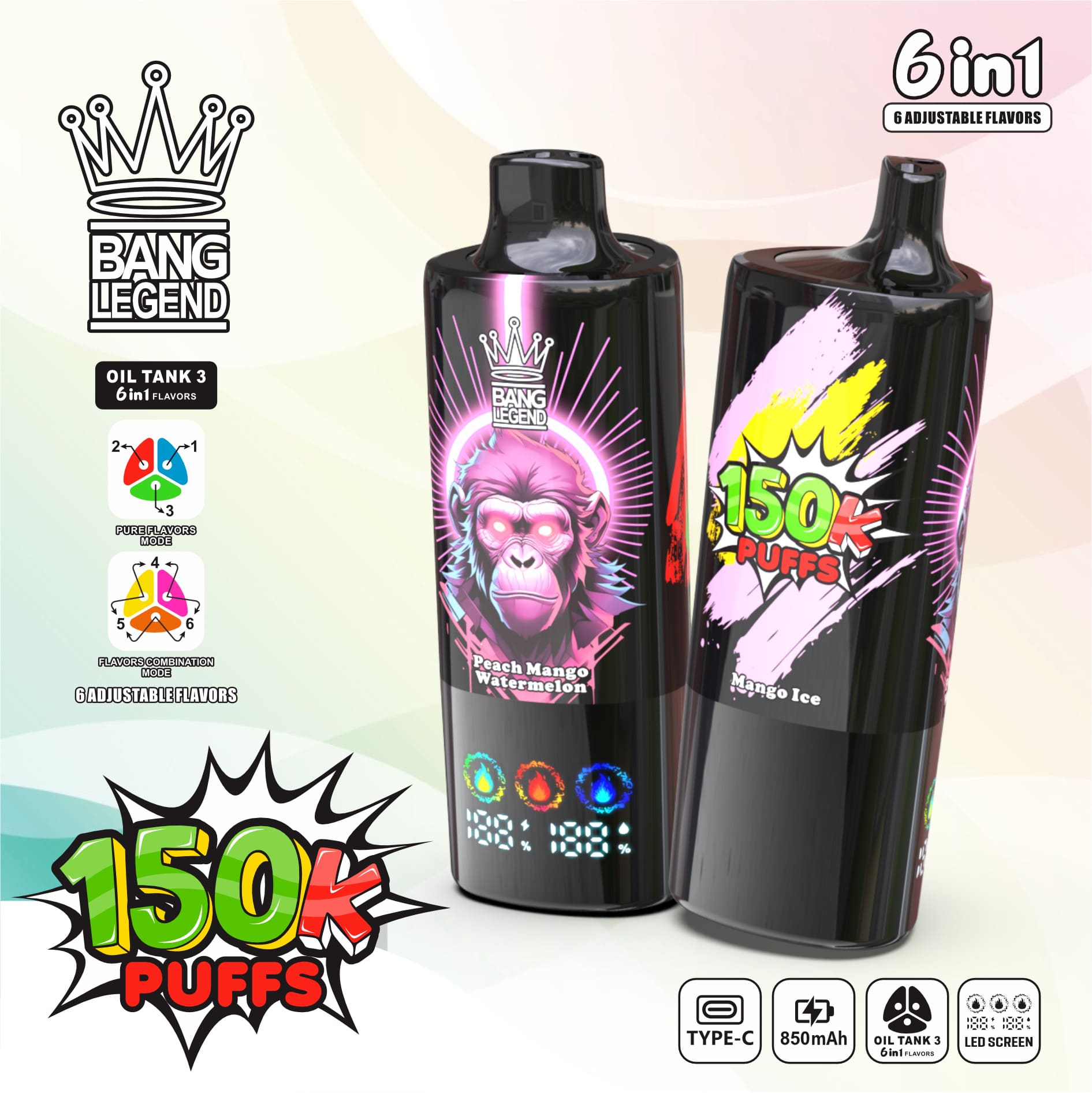 Bang Legend 150000 Puffs 6in1 Vape – Ultra-Long Battery Life, 6-in-1 Flavor System, Mesh Coil & Type-C Fast Charging gallery image 7