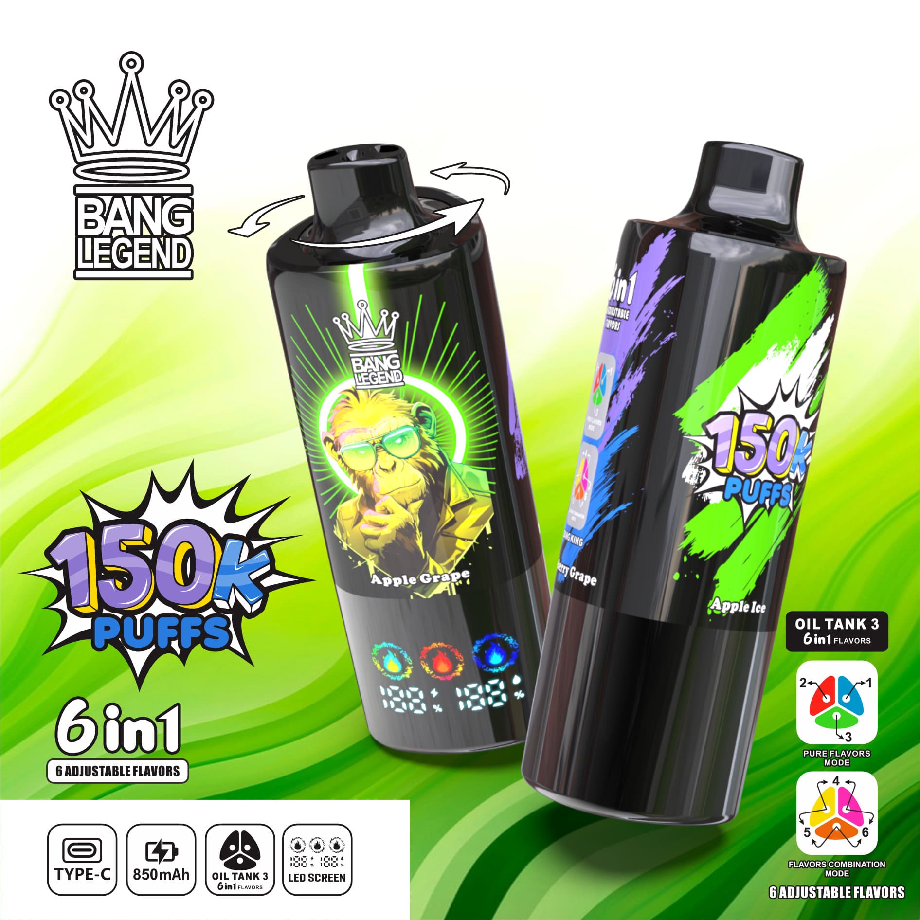 Bang Legend 150000 Puffs 6in1 Vape – Ultra-Long Battery Life, 6-in-1 Flavor System, Mesh Coil & Type-C Fast Charging gallery image 8
