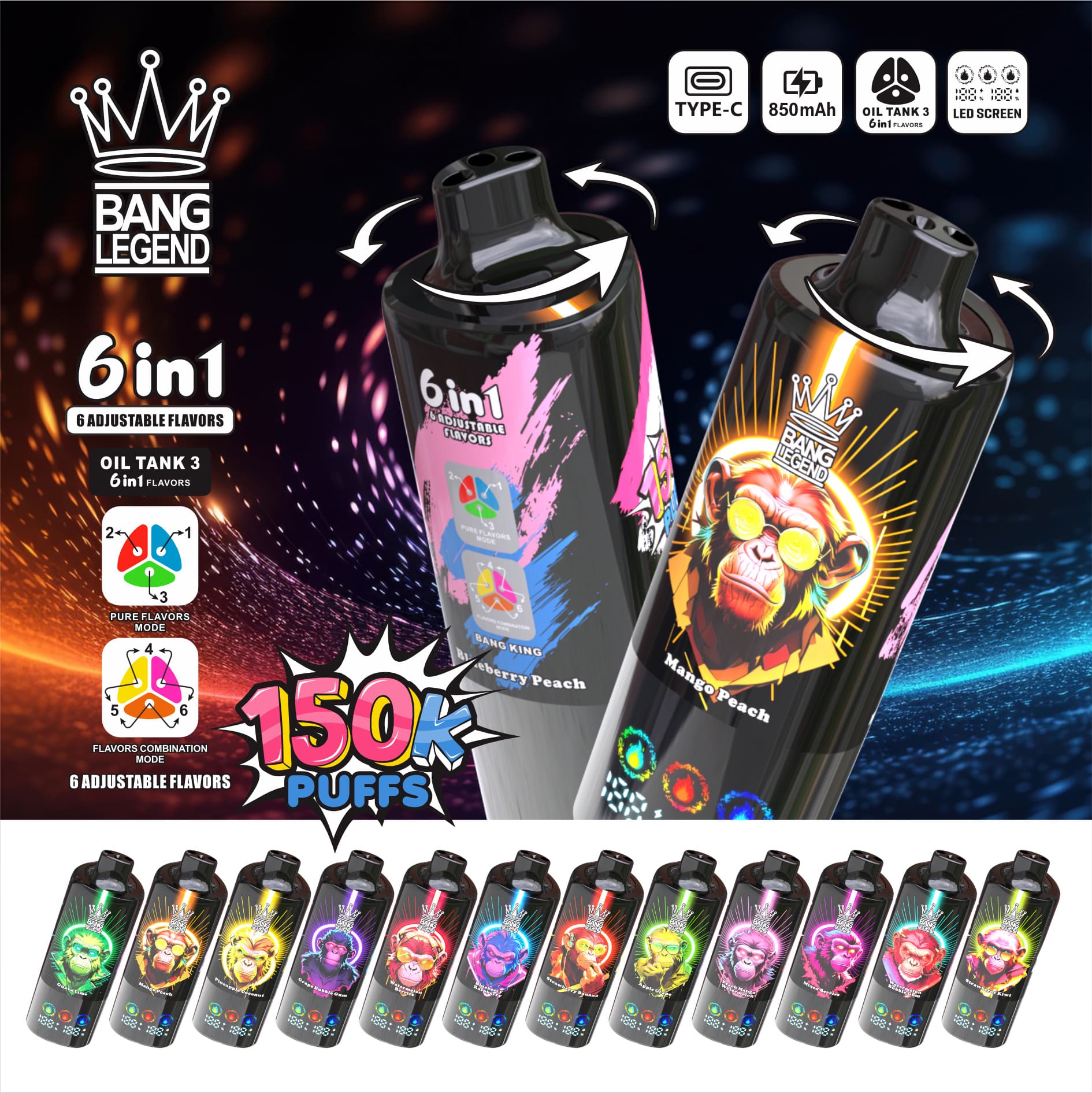 Bang Legend 150000 Puffs 6in1 Vape – Ultra-Long Battery Life, 6-in-1 Flavor System, Mesh Coil & Type-C Fast Charging