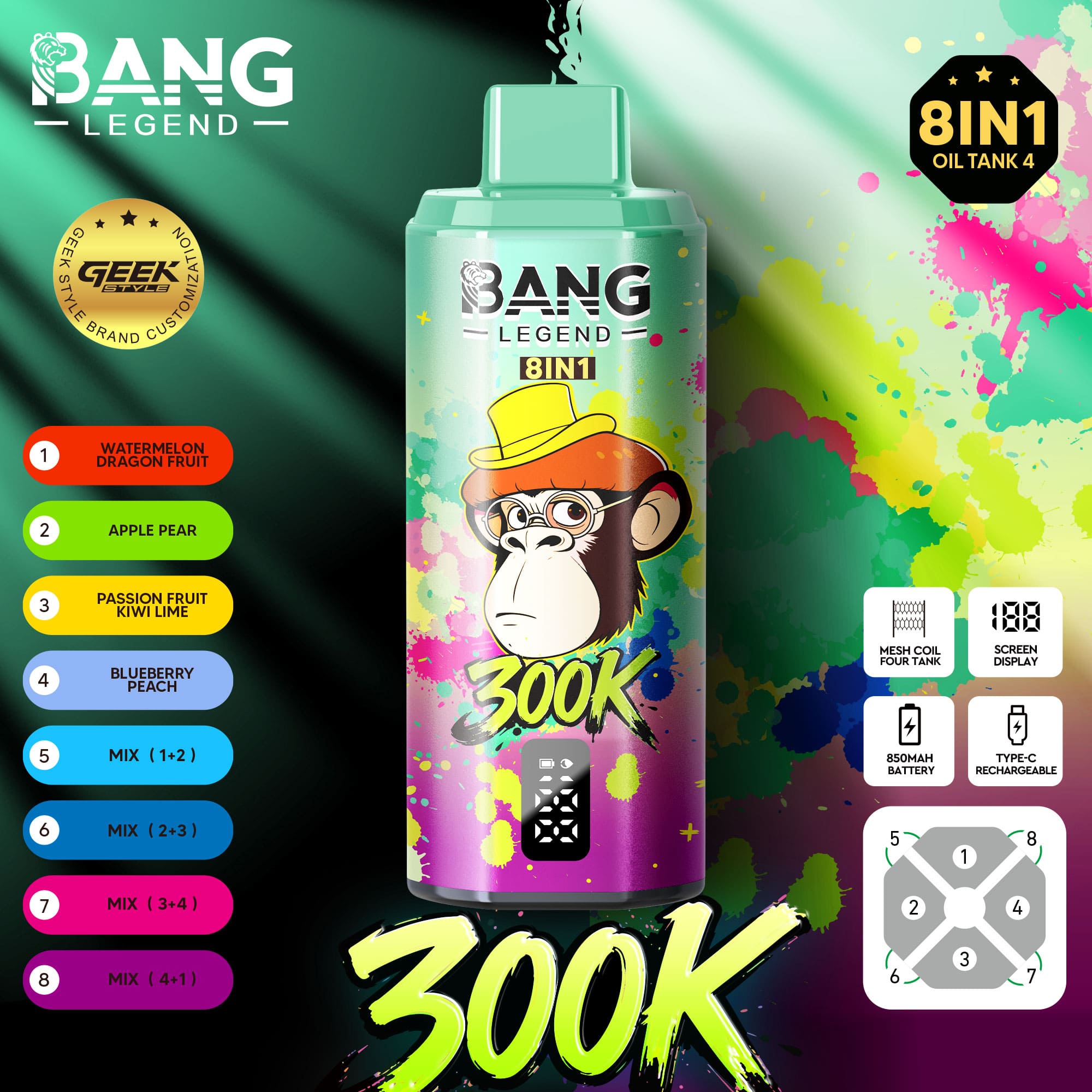 Bang Legend 300000 Puffs 8-in-1 Vape – 300K Ultra High Capacity | Mesh Coil | Type-C Rechargeable | 0% 2% 3% 5% Nicotine gallery image 2