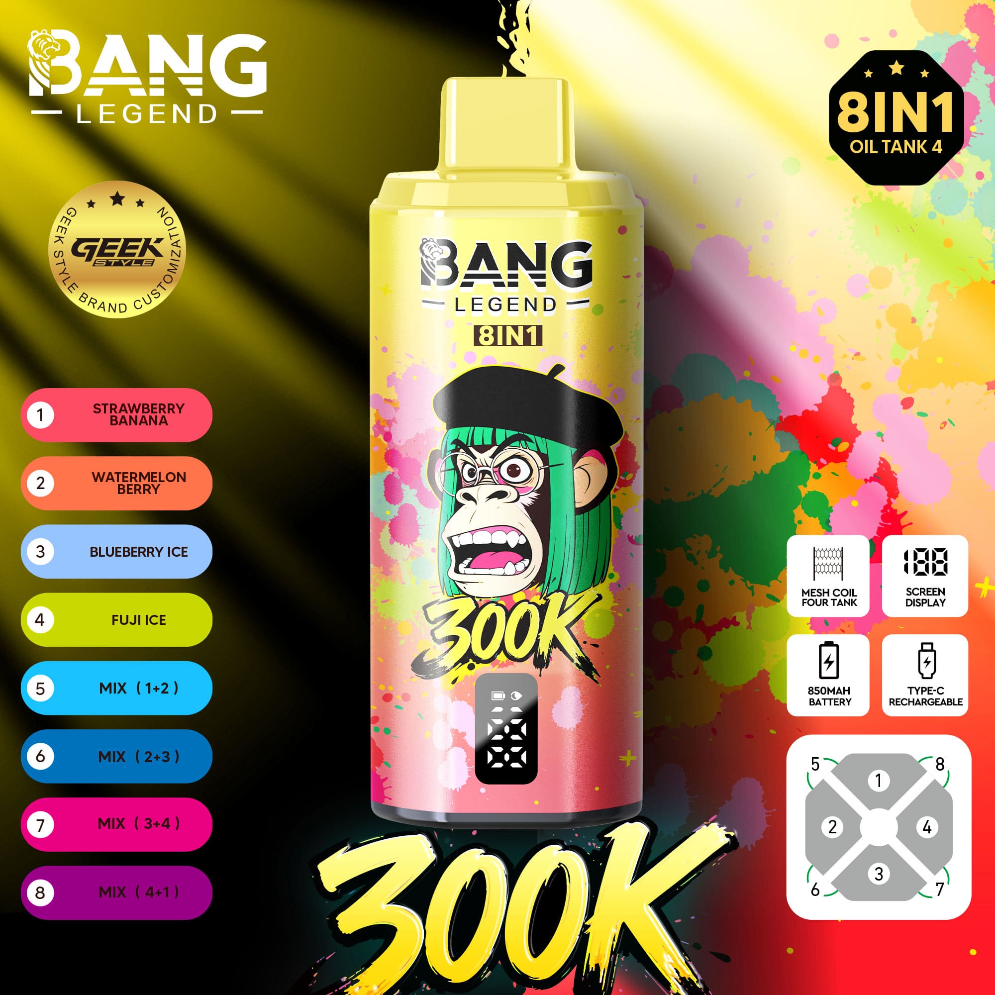 Bang Legend 300000 Puffs 8-in-1 Vape – 300K Ultra High Capacity | Mesh Coil | Type-C Rechargeable | 0% 2% 3% 5% Nicotine gallery image 3