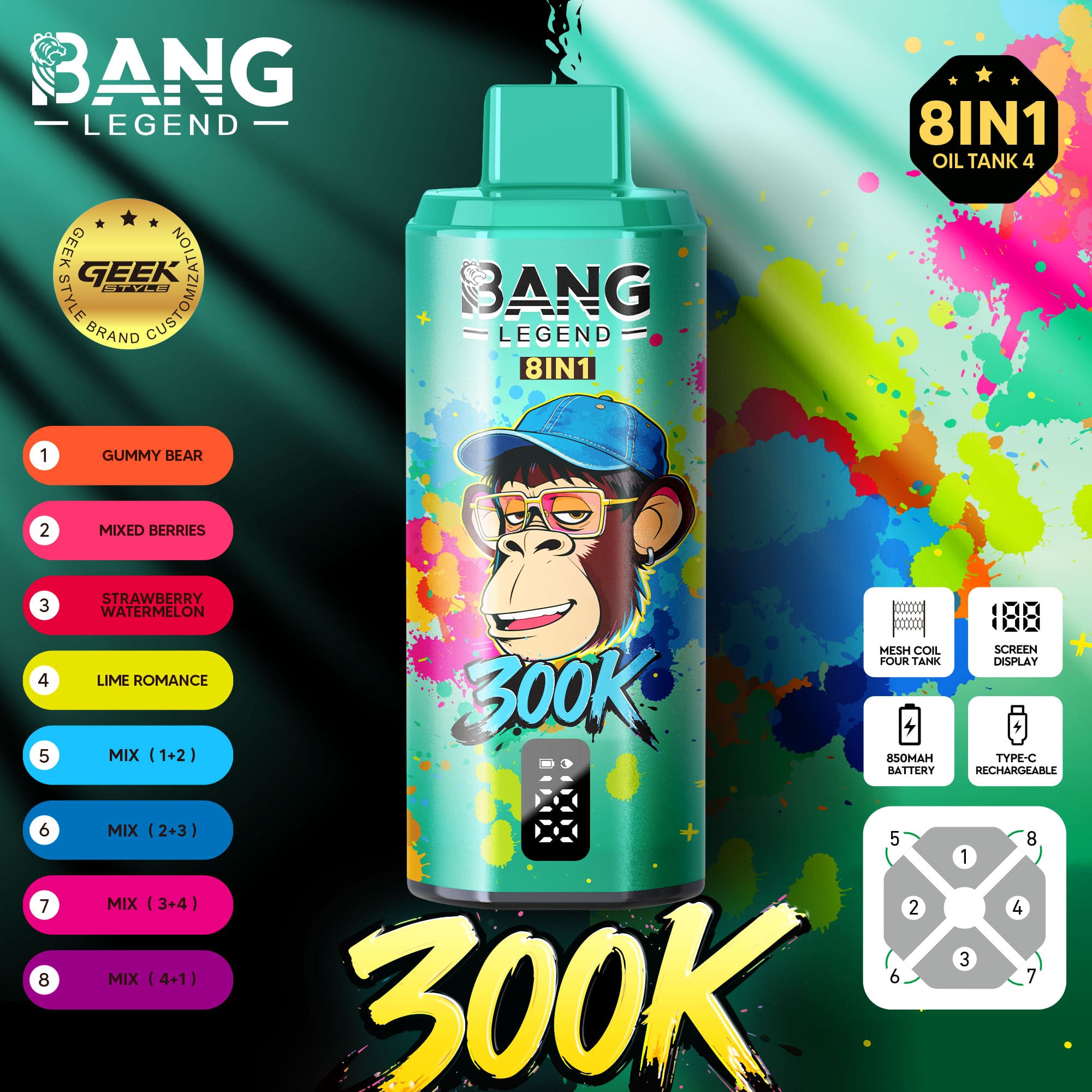 Bang Legend 300000 Puffs 8-in-1 Vape – 300K Ultra High Capacity | Mesh Coil | Type-C Rechargeable | 0% 2% 3% 5% Nicotine gallery image 4