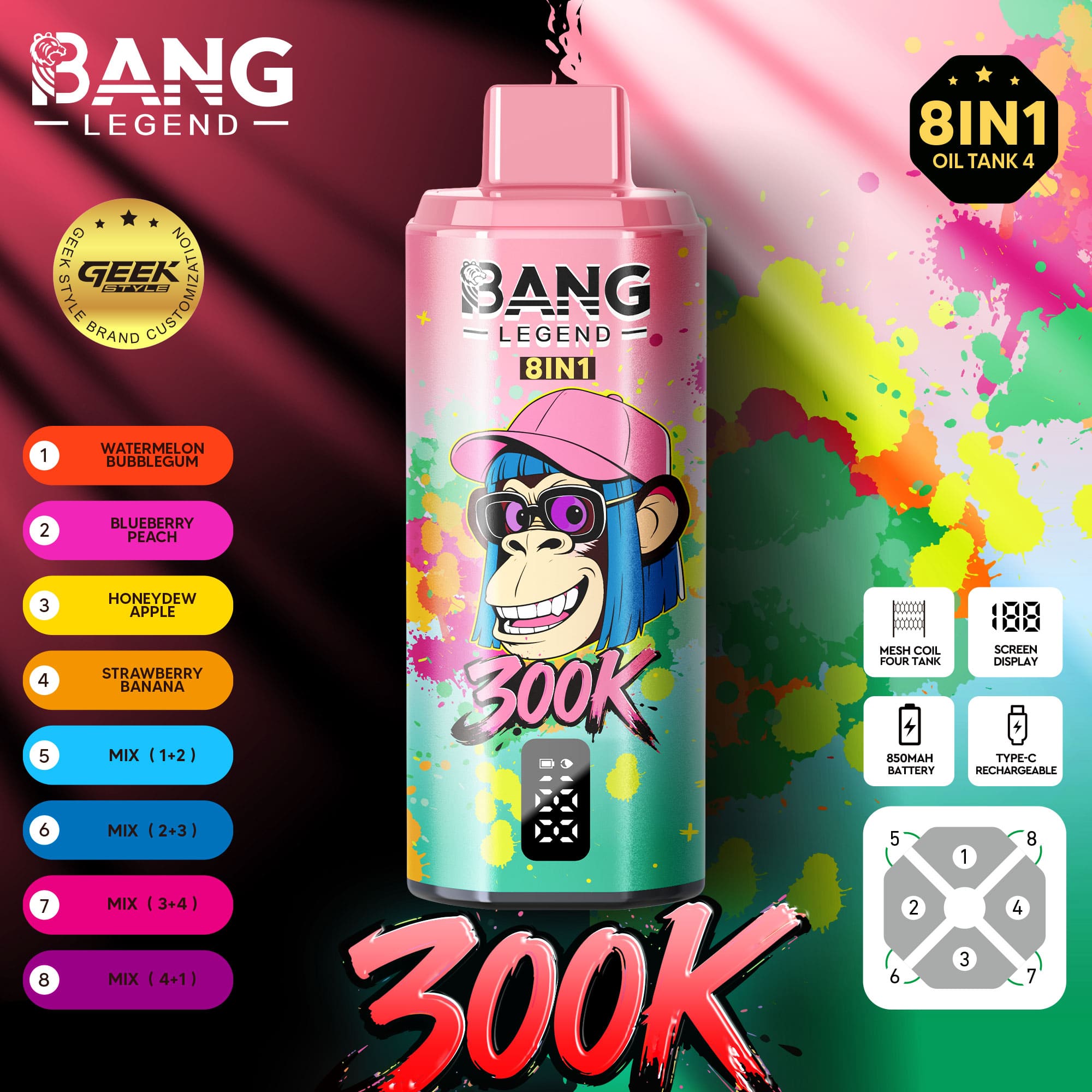 Bang Legend 300000 Puffs 8-in-1 Vape – 300K Ultra High Capacity | Mesh Coil | Type-C Rechargeable | 0% 2% 3% 5% Nicotine gallery image 5