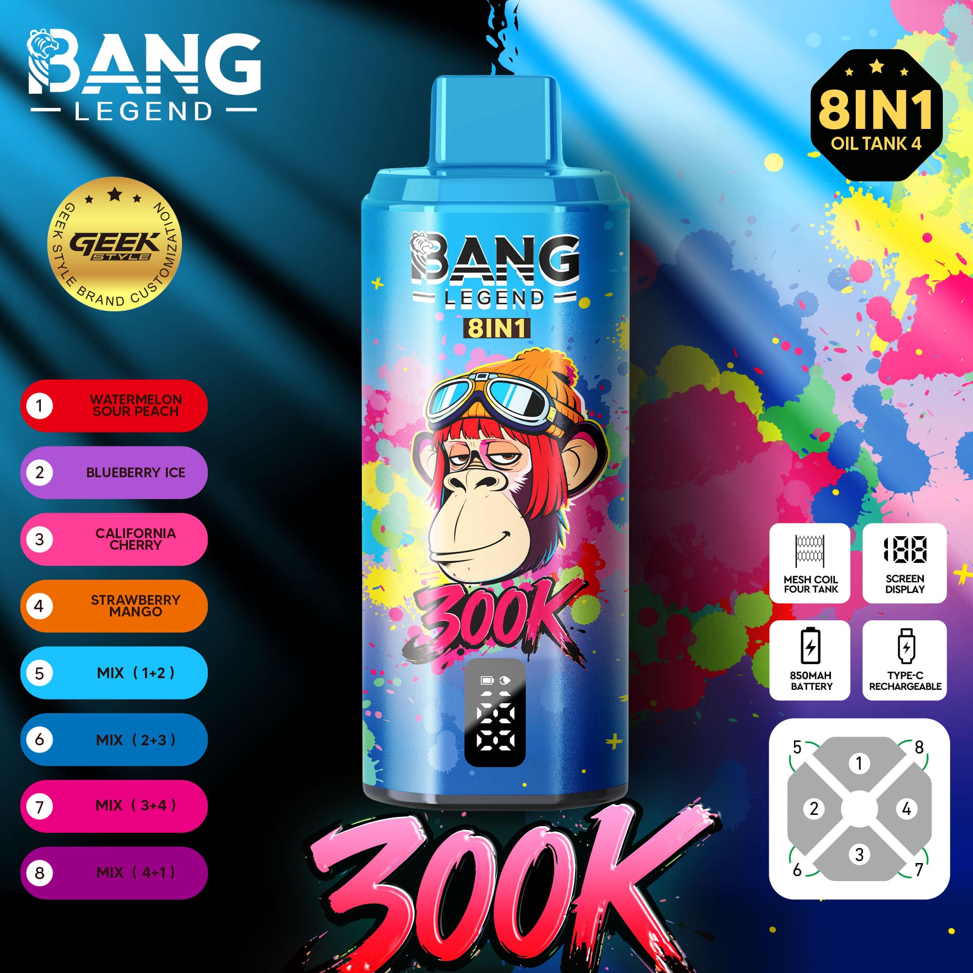 Bang Legend 300000 Puffs 8-in-1 Vape – 300K Ultra High Capacity | Mesh Coil | Type-C Rechargeable | 0% 2% 3% 5% Nicotine gallery image 6