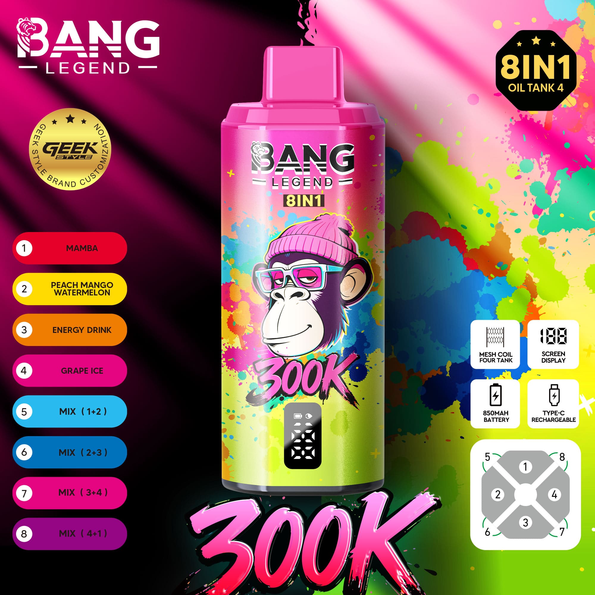 Bang Legend 300000 Puffs 8-in-1 Vape – 300K Ultra High Capacity | Mesh Coil | Type-C Rechargeable | 0% 2% 3% 5% Nicotine gallery image 7