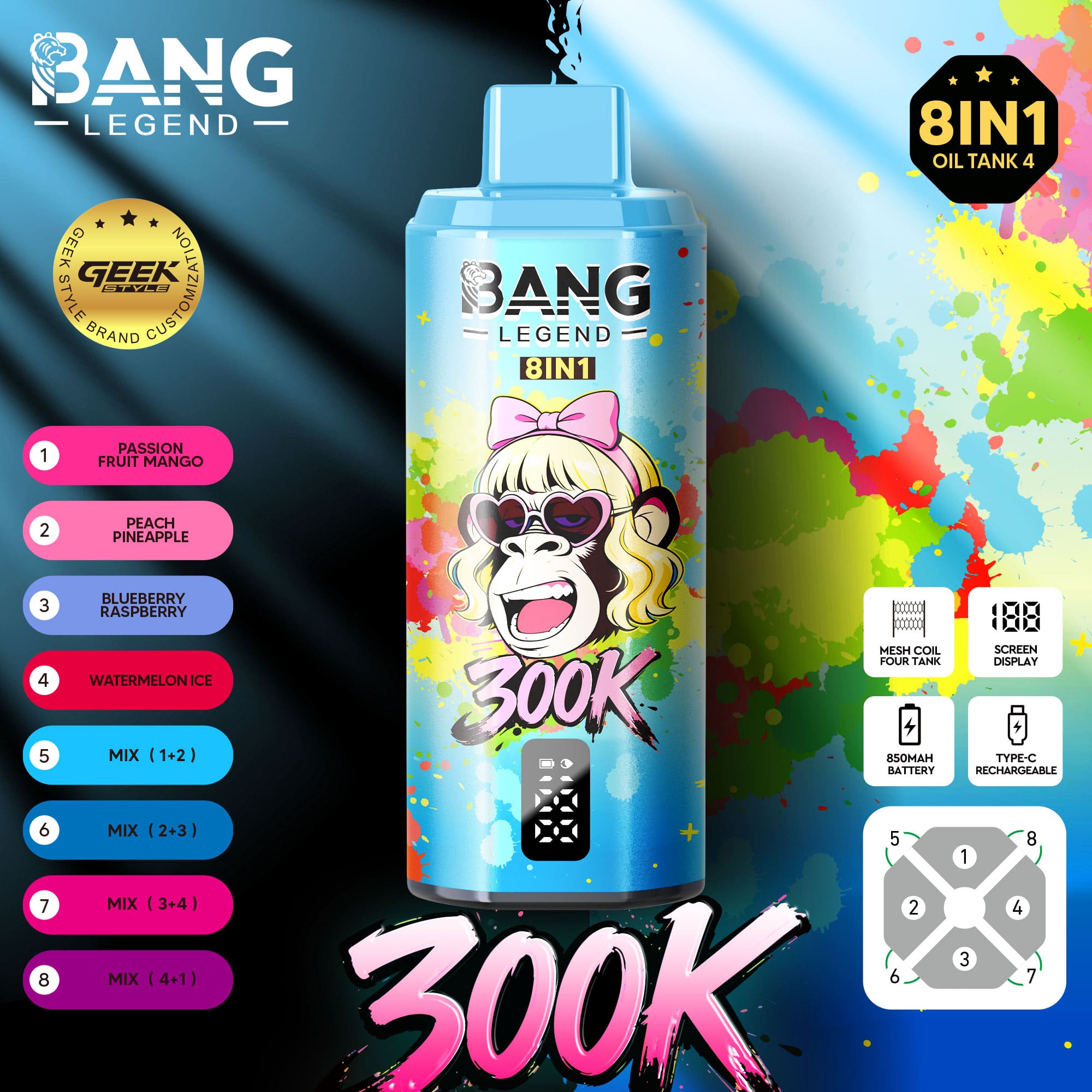 Bang Legend 300000 Puffs 8-in-1 Vape – 300K Ultra High Capacity | Mesh Coil | Type-C Rechargeable | 0% 2% 3% 5% Nicotine gallery image 8