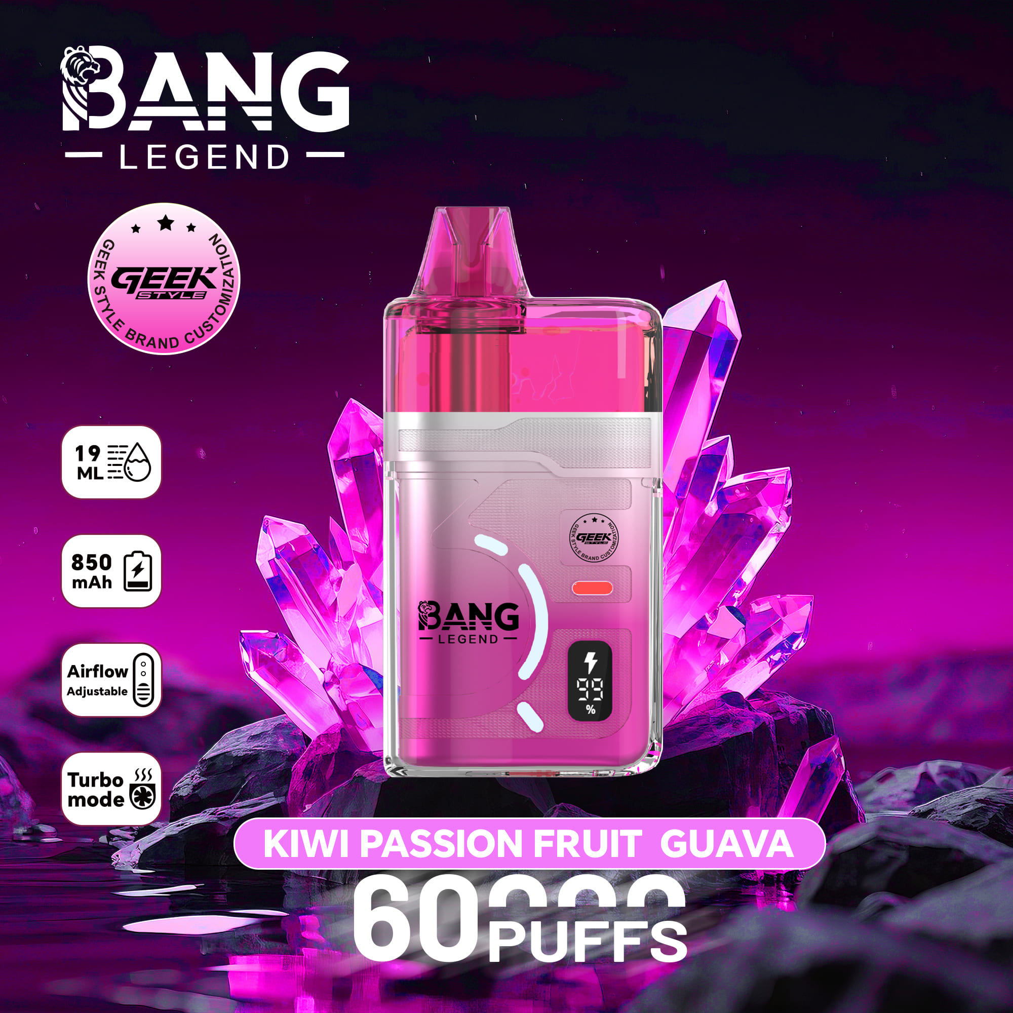 Bang Legend Geek 60000 Puffs Refillable Vape – 60K Puffs | Refillable E-Liquid | Mesh Coil | 850mAh | Type-C | 0% 2% 3% 5% Nicotine gallery image 4