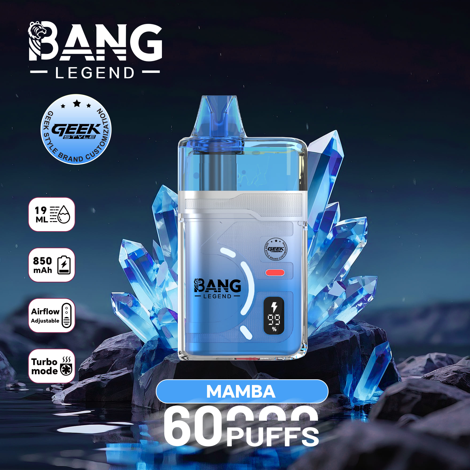 Bang Legend Geek 60000 Puffs Refillable Vape – 60K Puffs | Refillable E-Liquid | Mesh Coil | 850mAh | Type-C | 0% 2% 3% 5% Nicotine gallery image 5