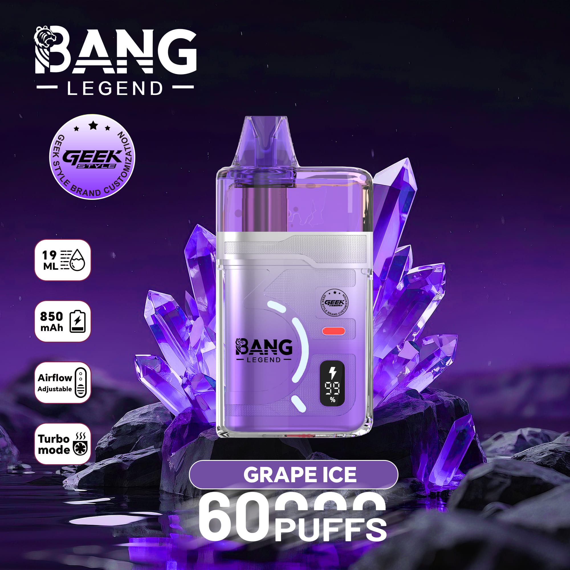 Bang Legend Geek 60000 Puffs Refillable Vape – 60K Puffs | Refillable E-Liquid | Mesh Coil | 850mAh | Type-C | 0% 2% 3% 5% Nicotine gallery image 6