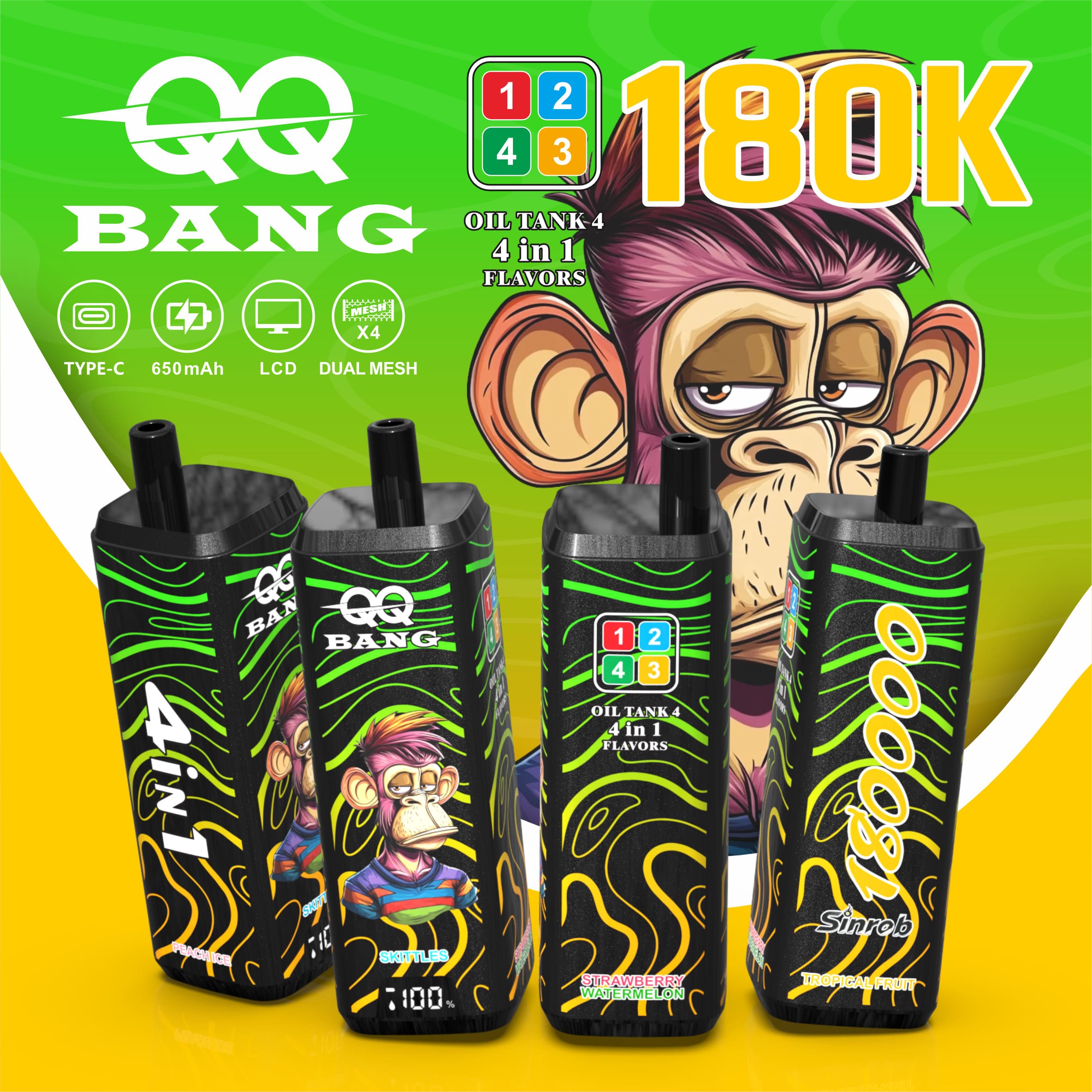 QQBANG 180000 Puffs Vape – 4-in-1 Multi Flavor | 180K High Capacity | Mesh Coil | Type-C Rechargeable | 0% 2% 3% 5% Nicotine gallery image 1