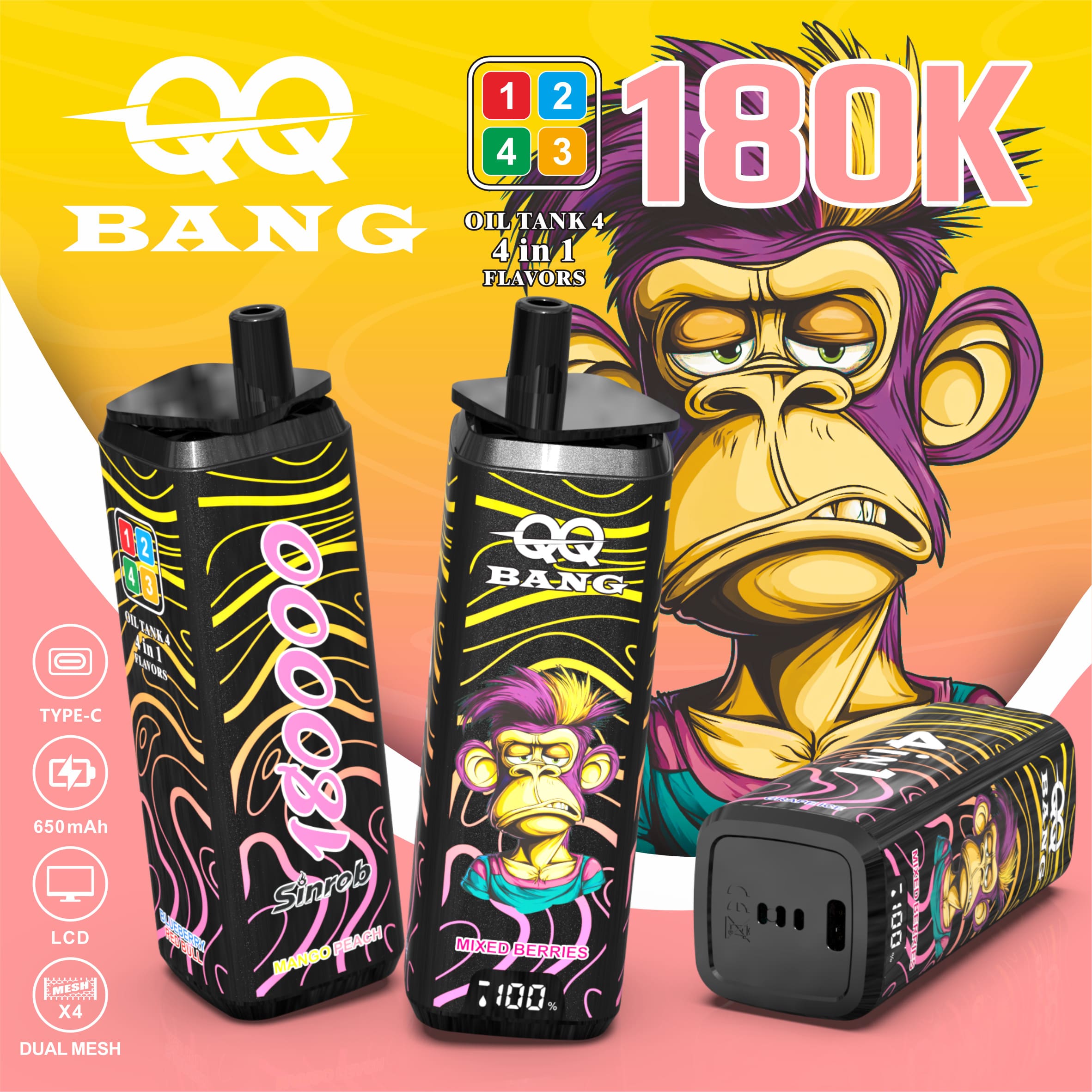 QQBANG 180000 Puffs Vape – 4-in-1 Multi Flavor | 180K High Capacity | Mesh Coil | Type-C Rechargeable | 0% 2% 3% 5% Nicotine gallery image 2
