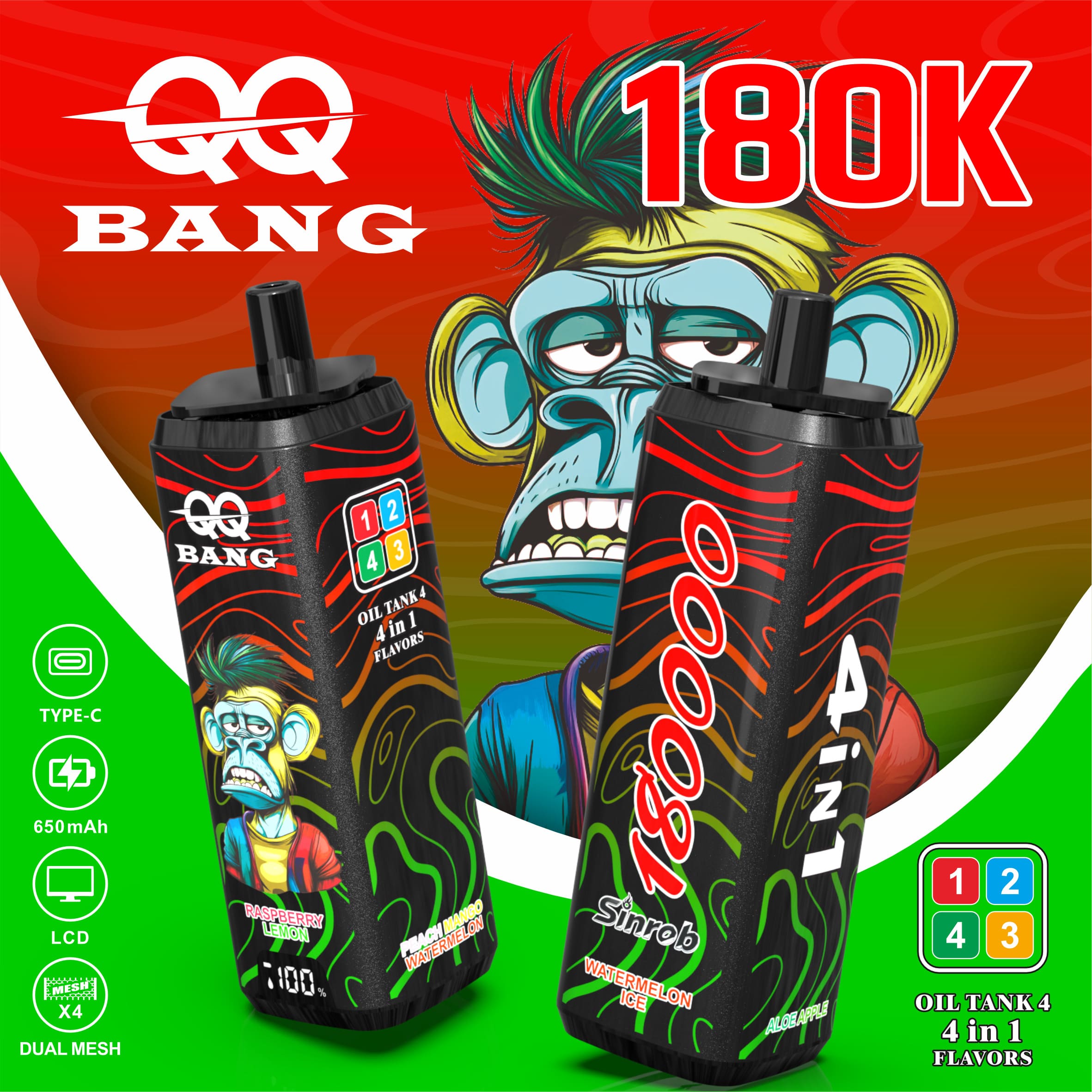 QQBANG 180000 Puffs Vape – 4-in-1 Multi Flavor | 180K High Capacity | Mesh Coil | Type-C Rechargeable | 0% 2% 3% 5% Nicotine gallery image 3
