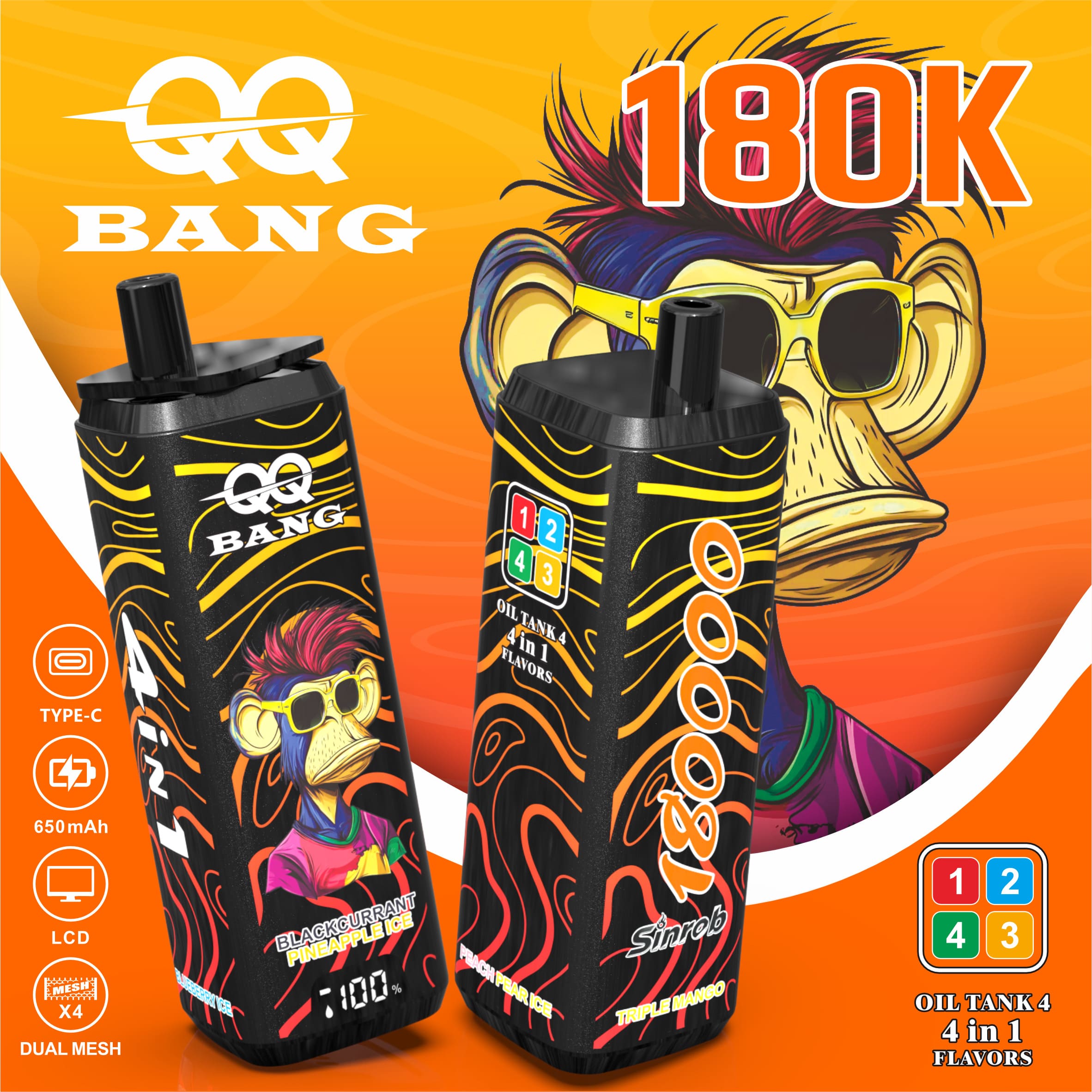 QQBANG 180000 Puffs Vape – 4-in-1 Multi Flavor | 180K High Capacity | Mesh Coil | Type-C Rechargeable | 0% 2% 3% 5% Nicotine gallery image 4