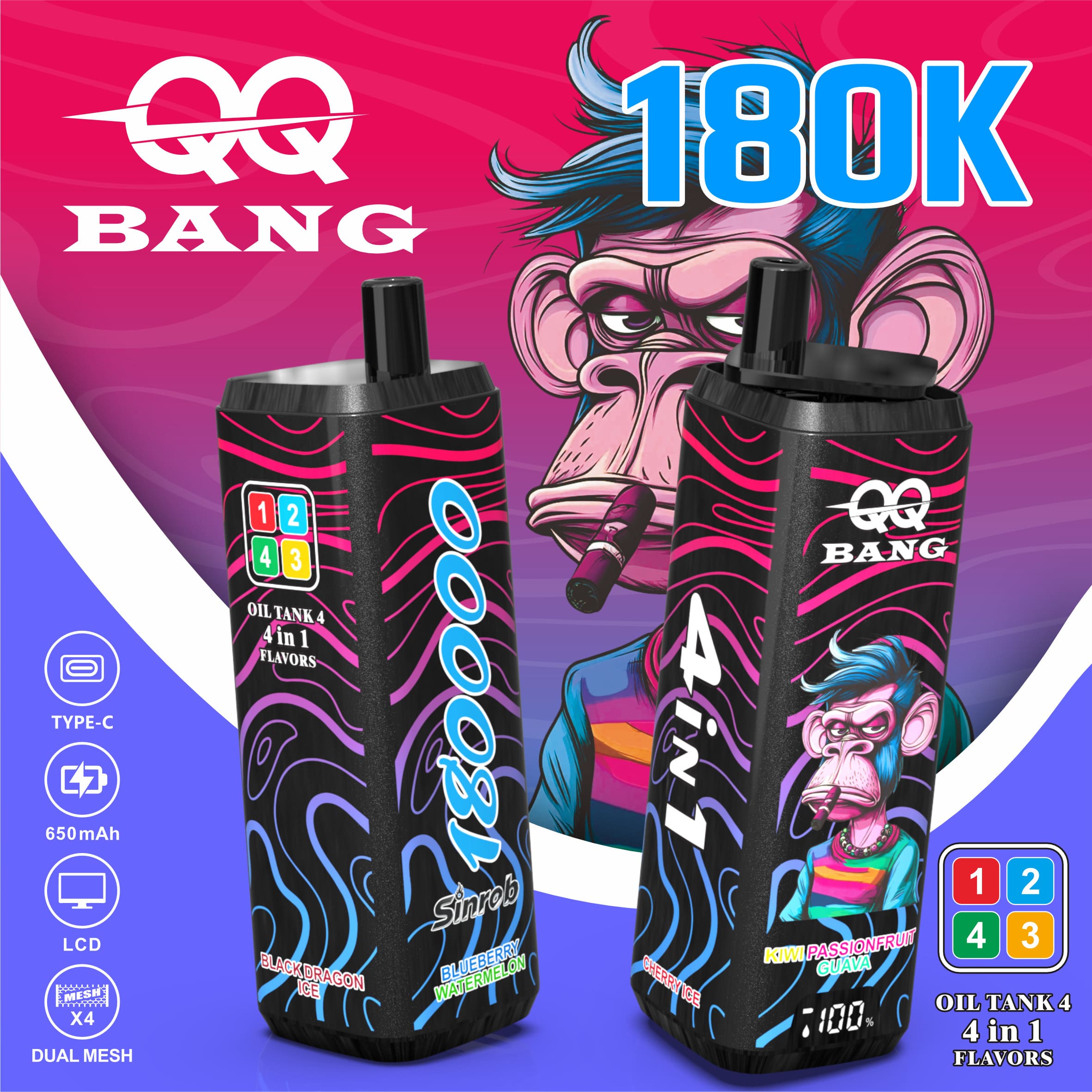 QQBANG 180000 Puffs Vape – 4-in-1 Multi Flavor | 180K High Capacity | Mesh Coil | Type-C Rechargeable | 0% 2% 3% 5% Nicotine gallery image 5