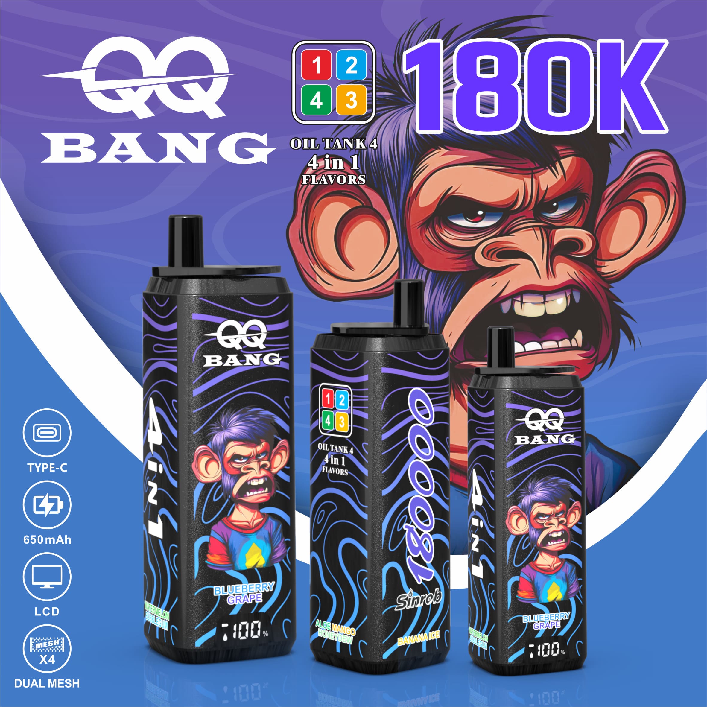 QQBANG 180000 Puffs Vape – 4-in-1 Multi Flavor | 180K High Capacity | Mesh Coil | Type-C Rechargeable | 0% 2% 3% 5% Nicotine gallery image 6