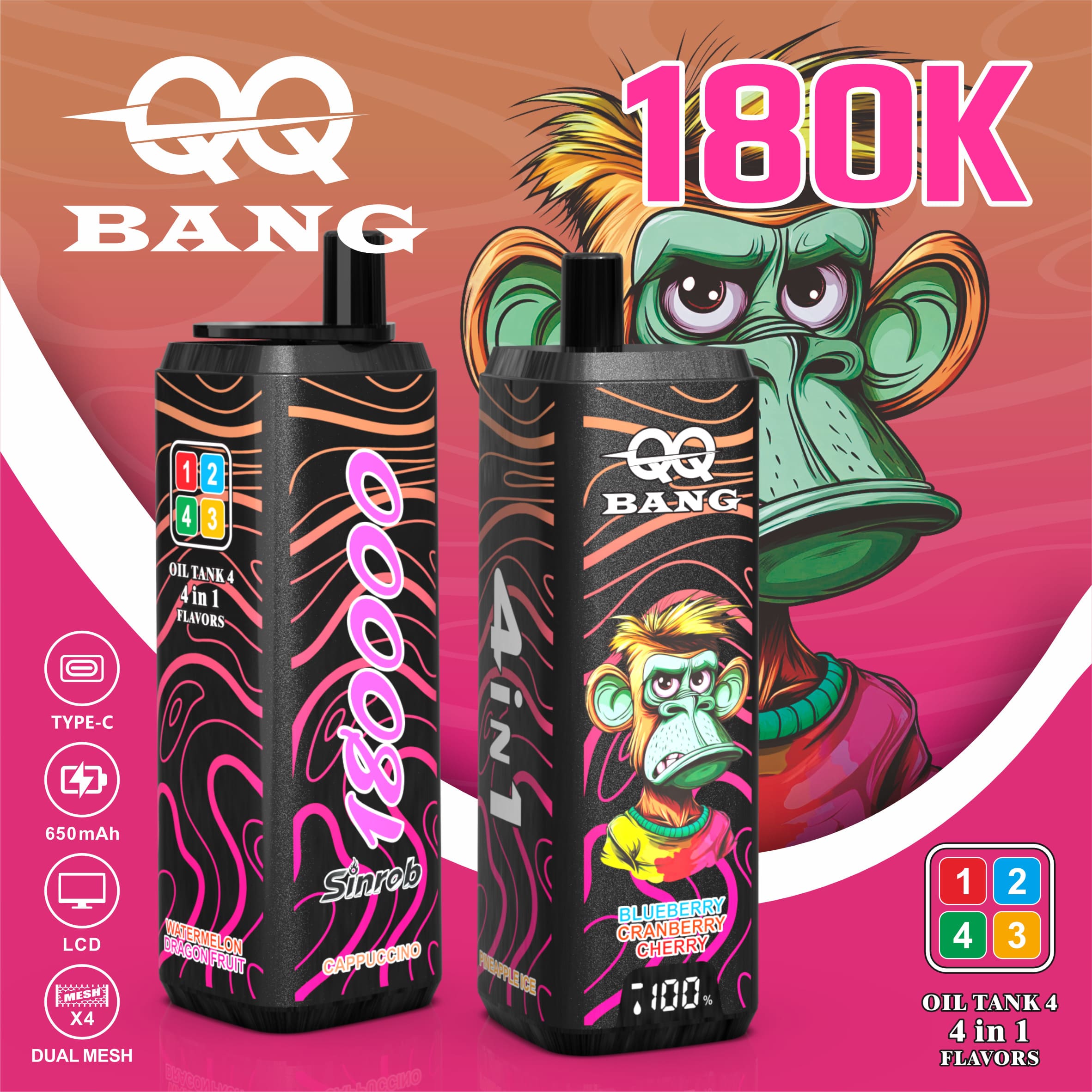 QQBANG 180000 Puffs Vape – 4-in-1 Multi Flavor | 180K High Capacity | Mesh Coil | Type-C Rechargeable | 0% 2% 3% 5% Nicotine gallery image 7