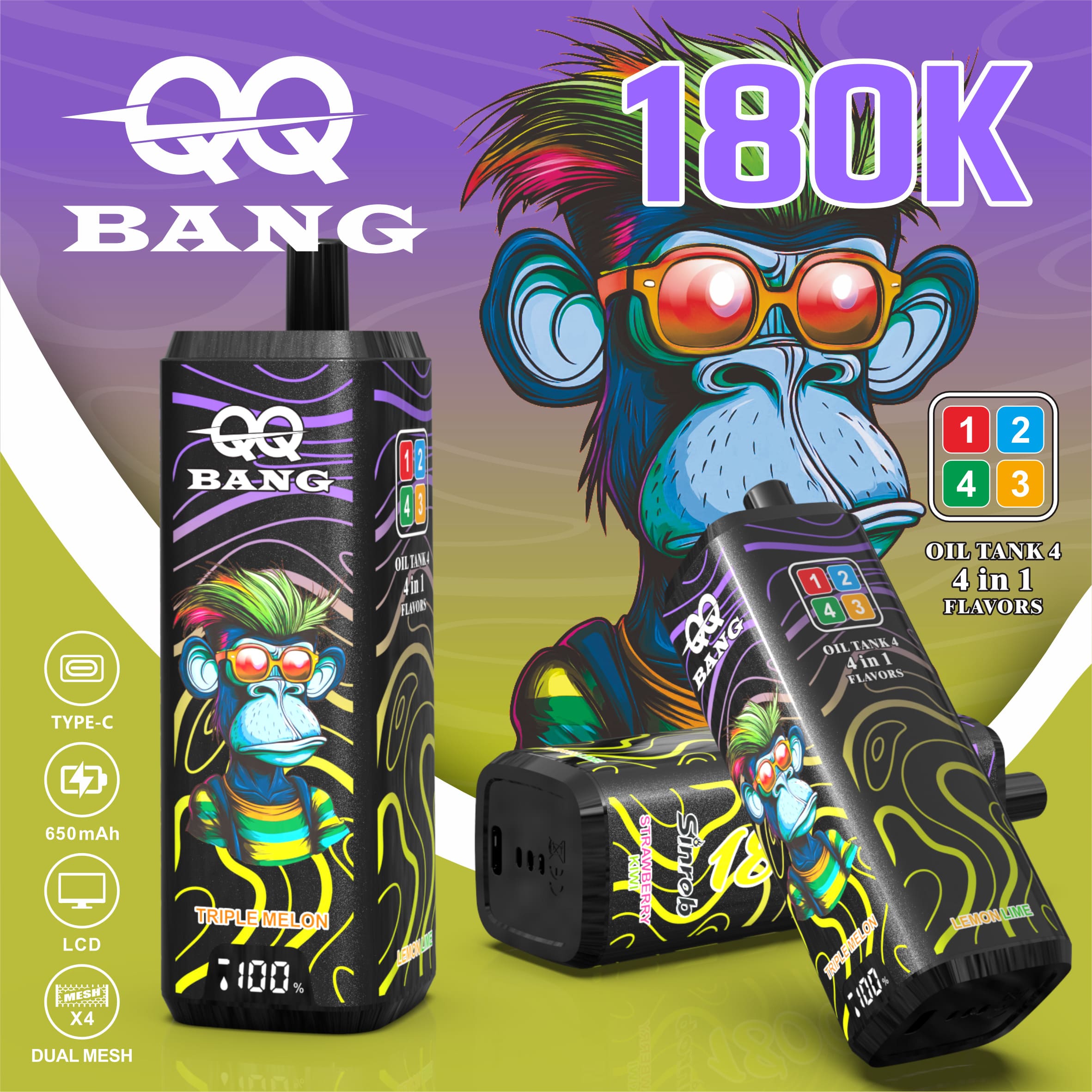 QQBANG 180000 Puffs Vape – 4-in-1 Multi Flavor | 180K High Capacity | Mesh Coil | Type-C Rechargeable | 0% 2% 3% 5% Nicotine gallery image 8