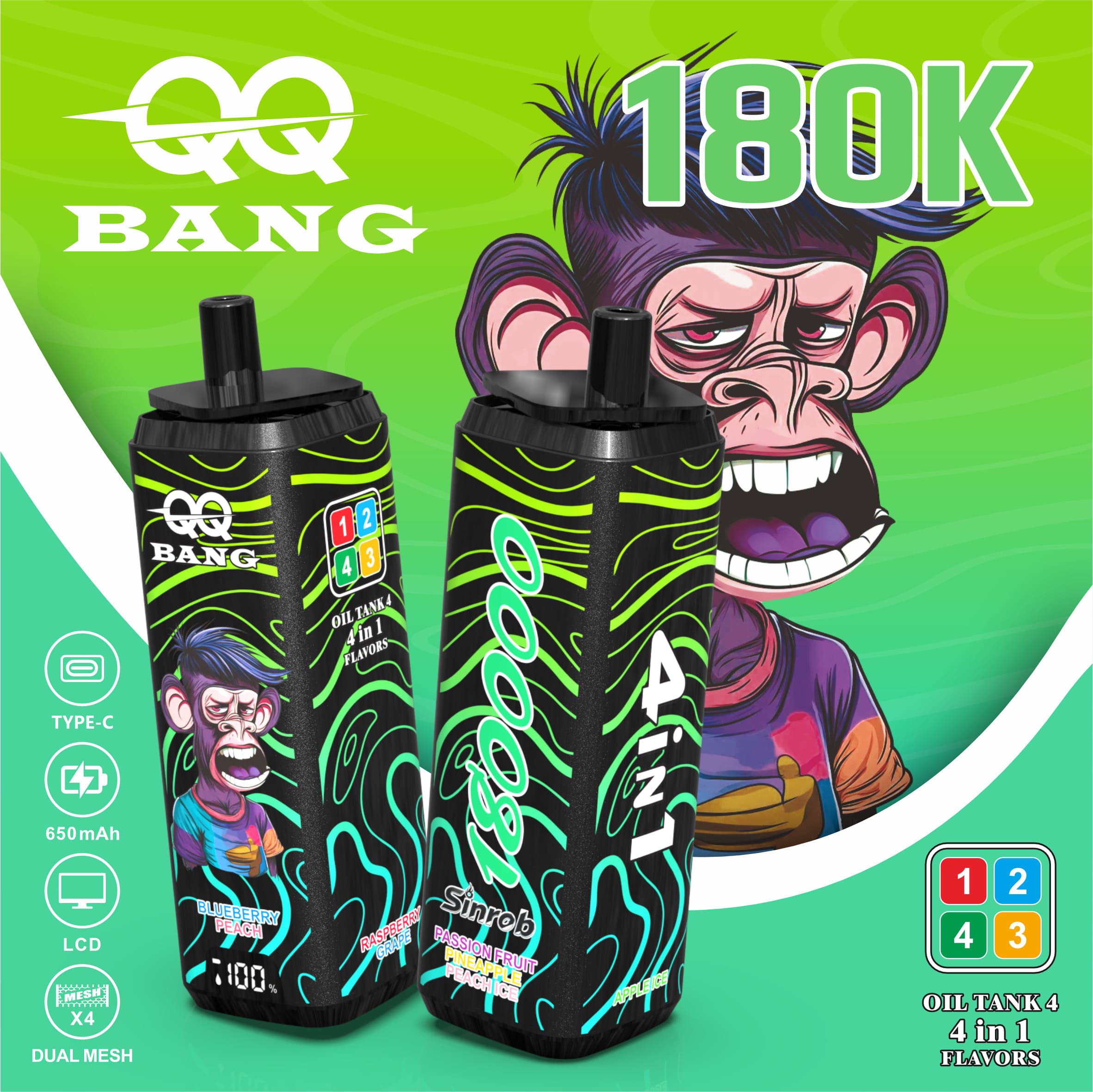 QQBANG 180000 Puffs Vape – 4-in-1 Multi Flavor | 180K High Capacity | Mesh Coil | Type-C Rechargeable | 0% 2% 3% 5% Nicotine