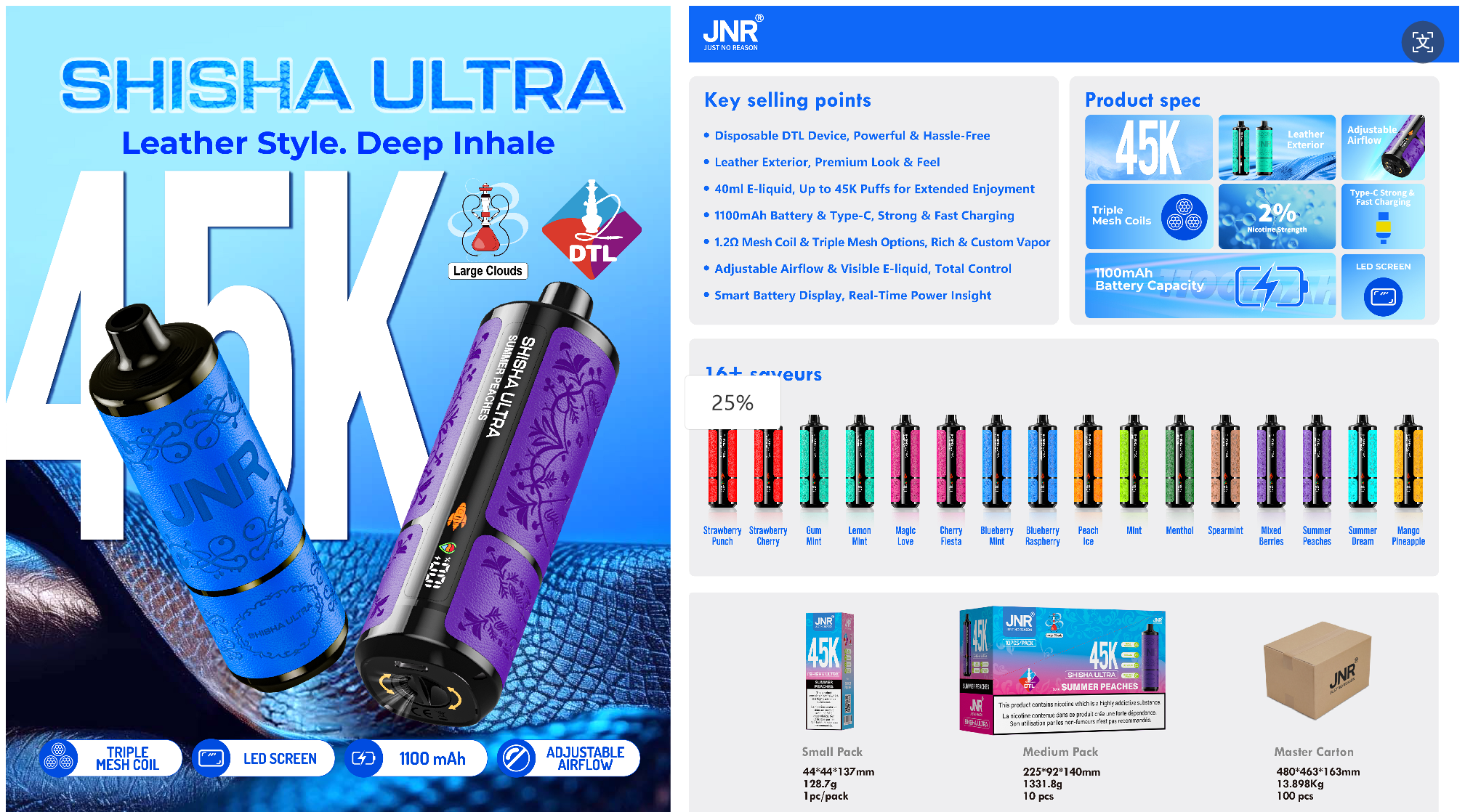 JNR Shisha Ultra 45000 Puffs Disposable Vape