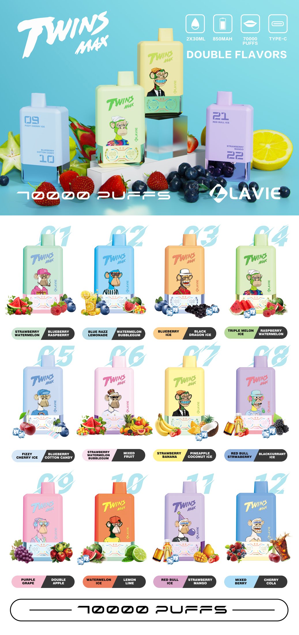 LAVIE Twins Max 70000 Puffs Double Flavor Disposable Vape gallery image 4