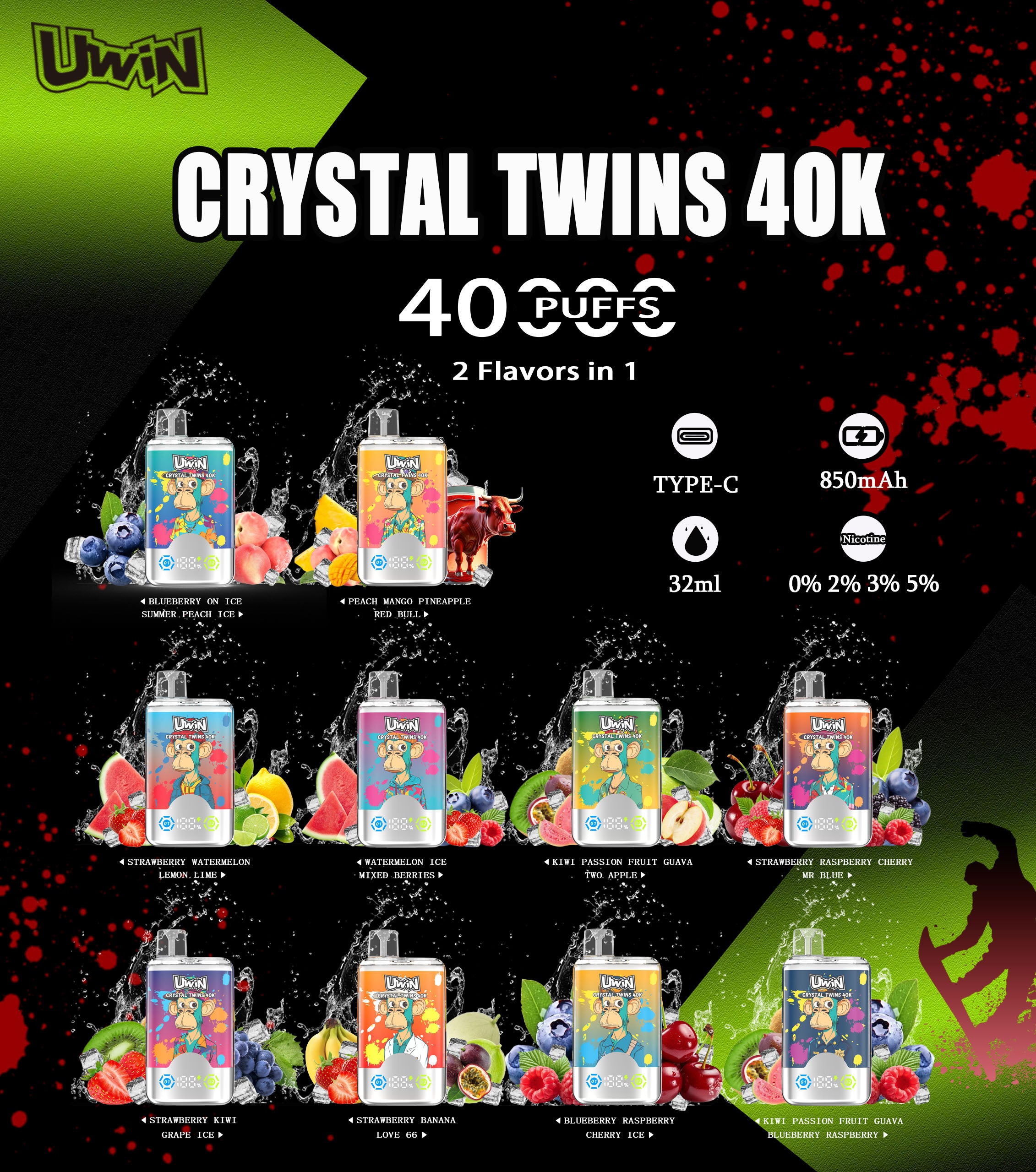 UWIN X RandM Twins Crystal 40000 Puffs Dual Flavor Vape